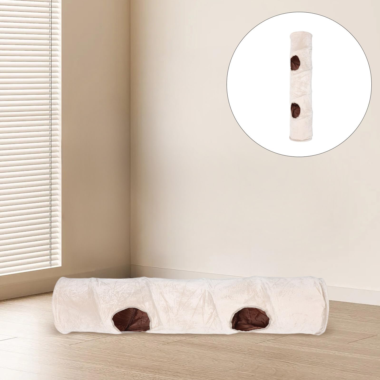 Tunnel Souple Beige pour Petits Animaux avec 2 Trous et Balle Interactive en Tissu Polyester, Espace de Jeu et Repos Confortable pour Chatons en Intérieur