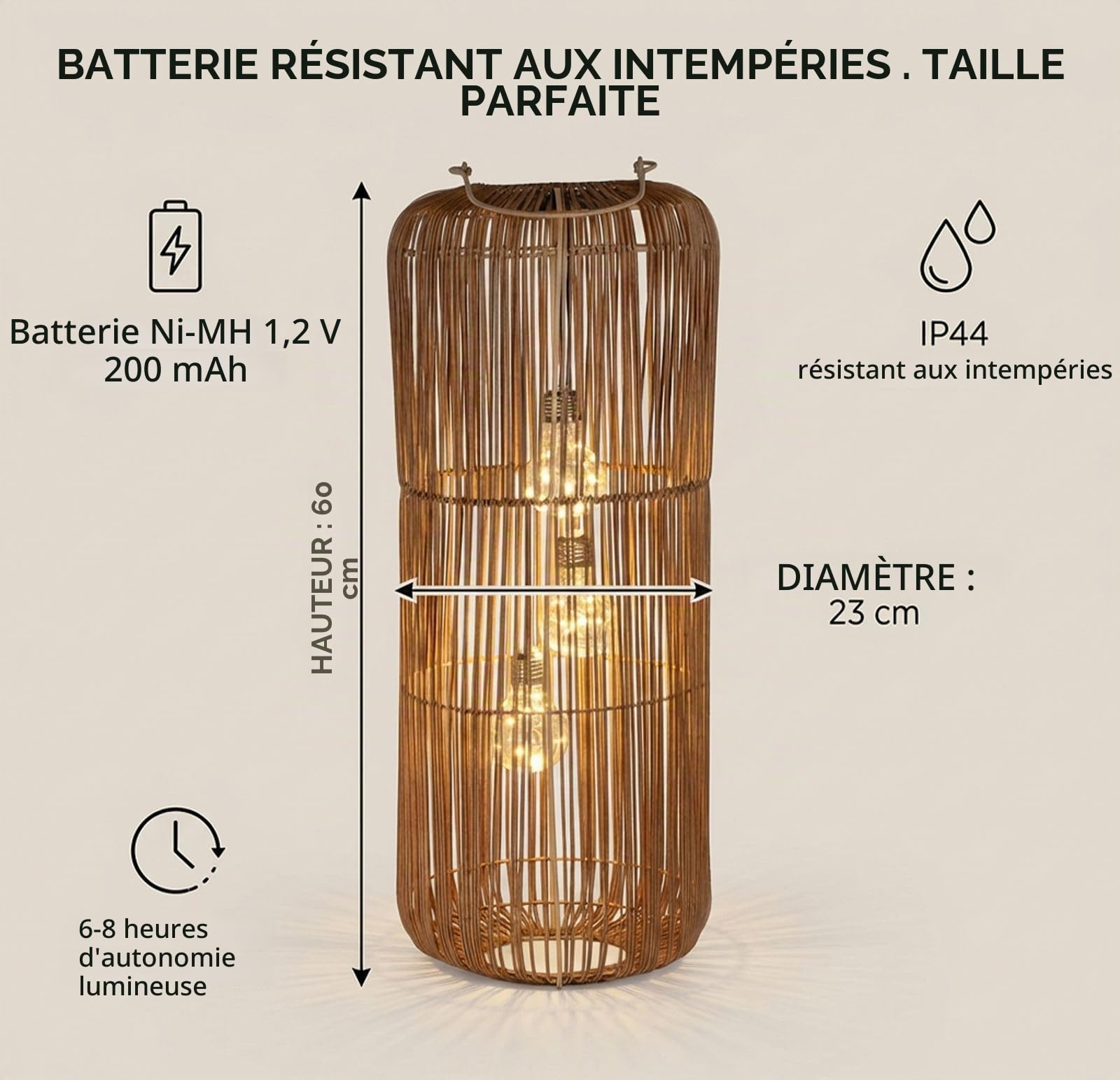 formano Lanterne solaire de jardin, aspect rotin, 3 ampoules LED, 60 cm, lampe solaire avec capteur crépusculaire, IP44 résistante aux intempéries, lampe solaire décorative pour balcon, terrasse
