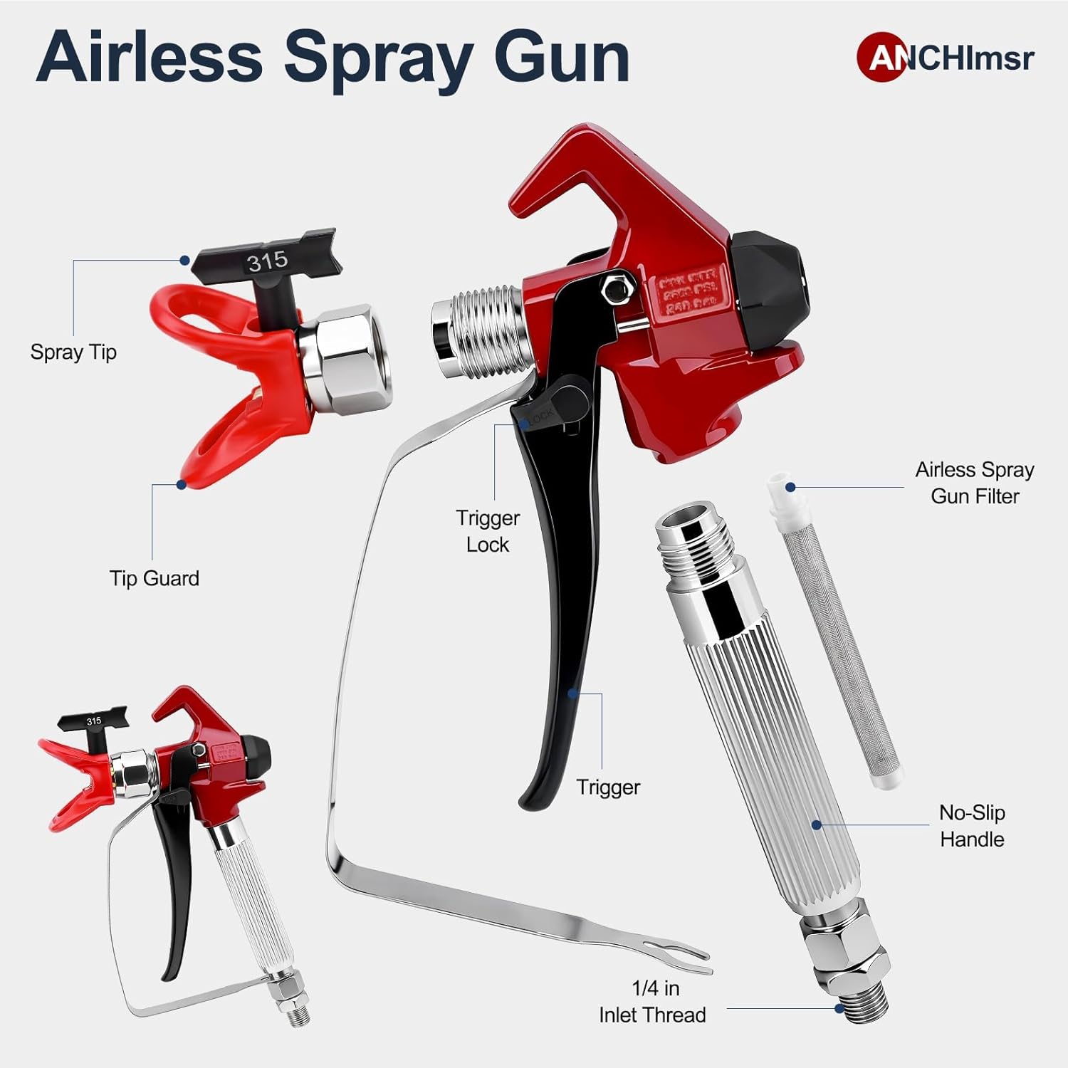 22Pcs 3600PSI Airless Spray Gun Kit with Spray Tips, 11.8 in Airless Paint Sprayer Gun Tip Extension Pole, Tip Guards, Swivel Joint for Paint Sprayer Gun Painting