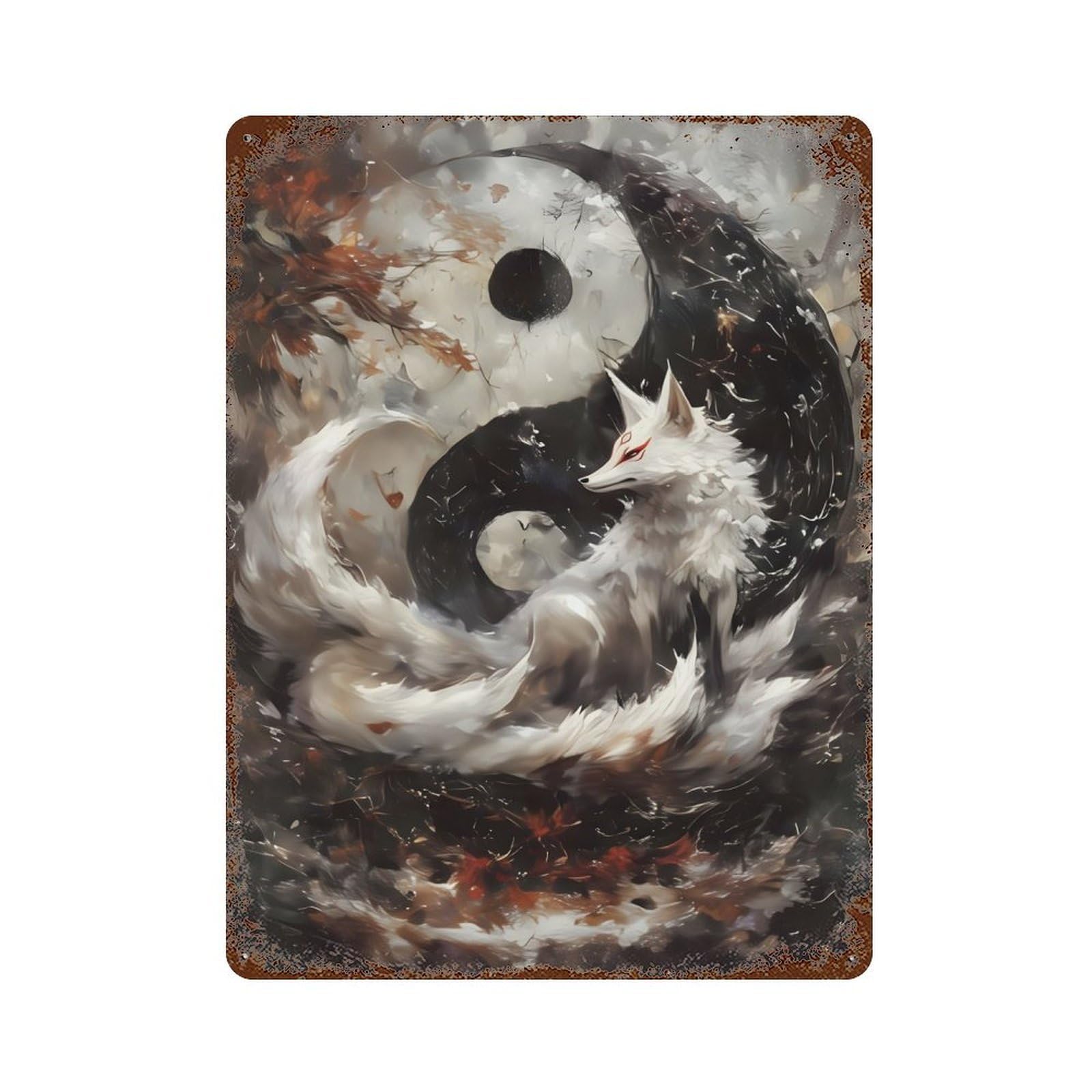 Fox And Yin Yang Vintage Rust Metal Sign 15.7"x11.8", Shabby Chic Decor for Garage, Pub Or Kitchen
