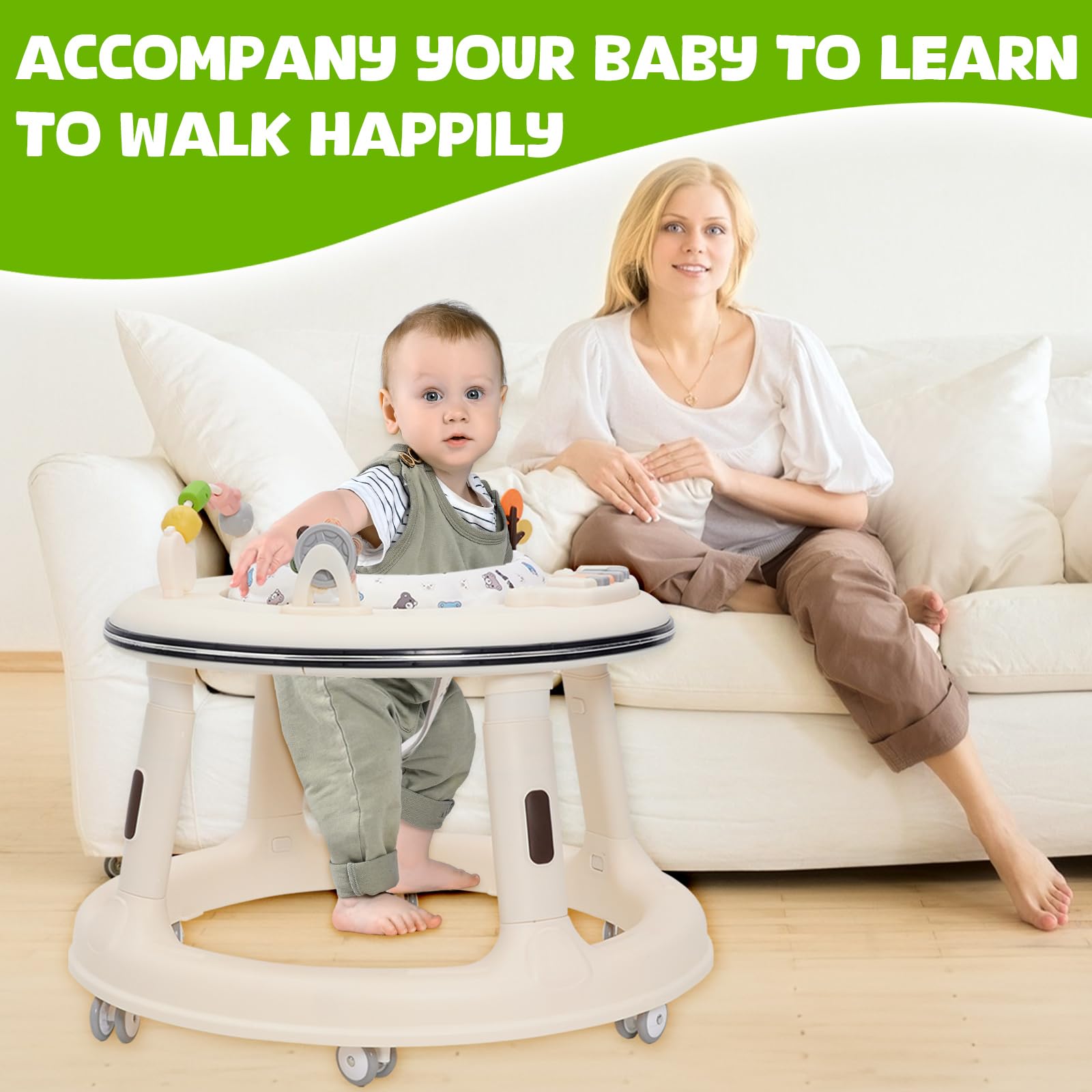 Trotteur Bébé, Réglable en Hauteur avec Siège Pivotant à 360°, Babywalker avec Roues Silencieuses à 360° et Plateau D'activités Musical Amovible,Anti-renversemen,9-18 Mois et Plus