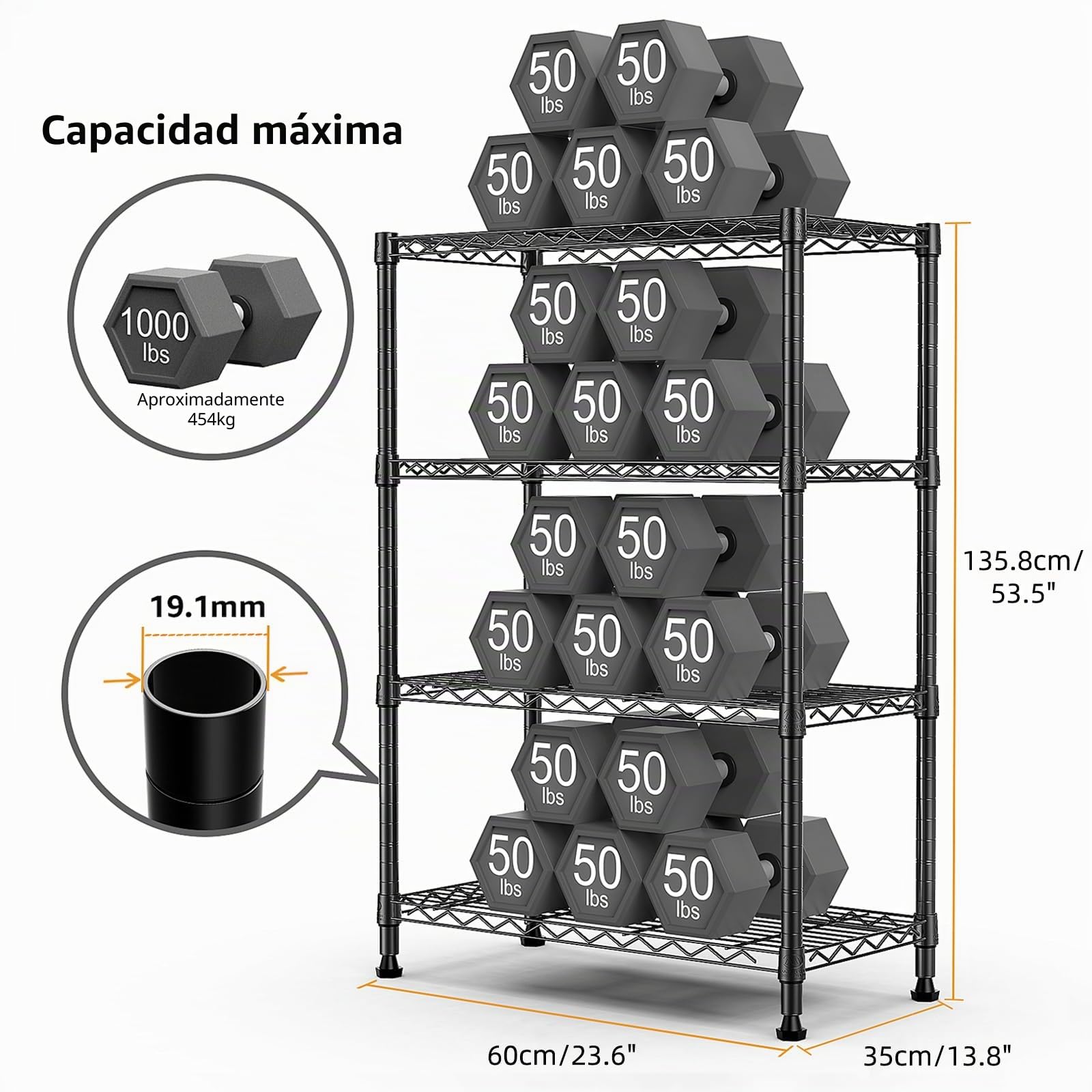 M MZG Estantería Metálica de 4 Nivele, Capacidad de Carga de 454 kg, Baldas Ajustables, para Garaje, Trastero, Lavandería y Cocina,Estudio,Negros, 35 x 60 x 135,8 cm