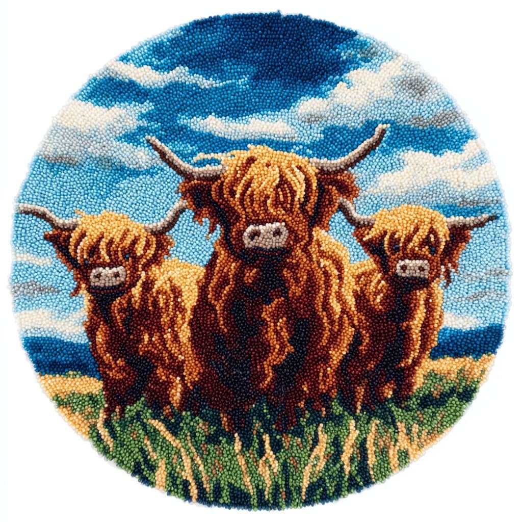 WallustrioaW Round Latch Hook Kits for Adults Highland Cattle DIY Latch Hook Rug Making Kits for Beginners 50X50Cm