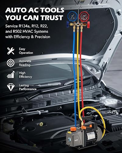 Miniatura 34 de Orion Motor Tech Juego de bomba de vacío y manómetro de CA, kit de manómetro de bomba de vacío de 1/3 hp 4.5 cfm con detector de fugas, 4 mangueras