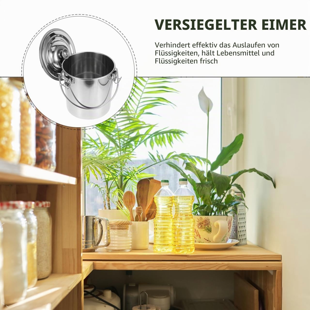 ULTECHNOVO Luftdichter Edelstahl-Eimer 6L mit Deckel und tragbarem Griff für Transport von flüssigen Lebensmittelölen und Lagerung in der Küche