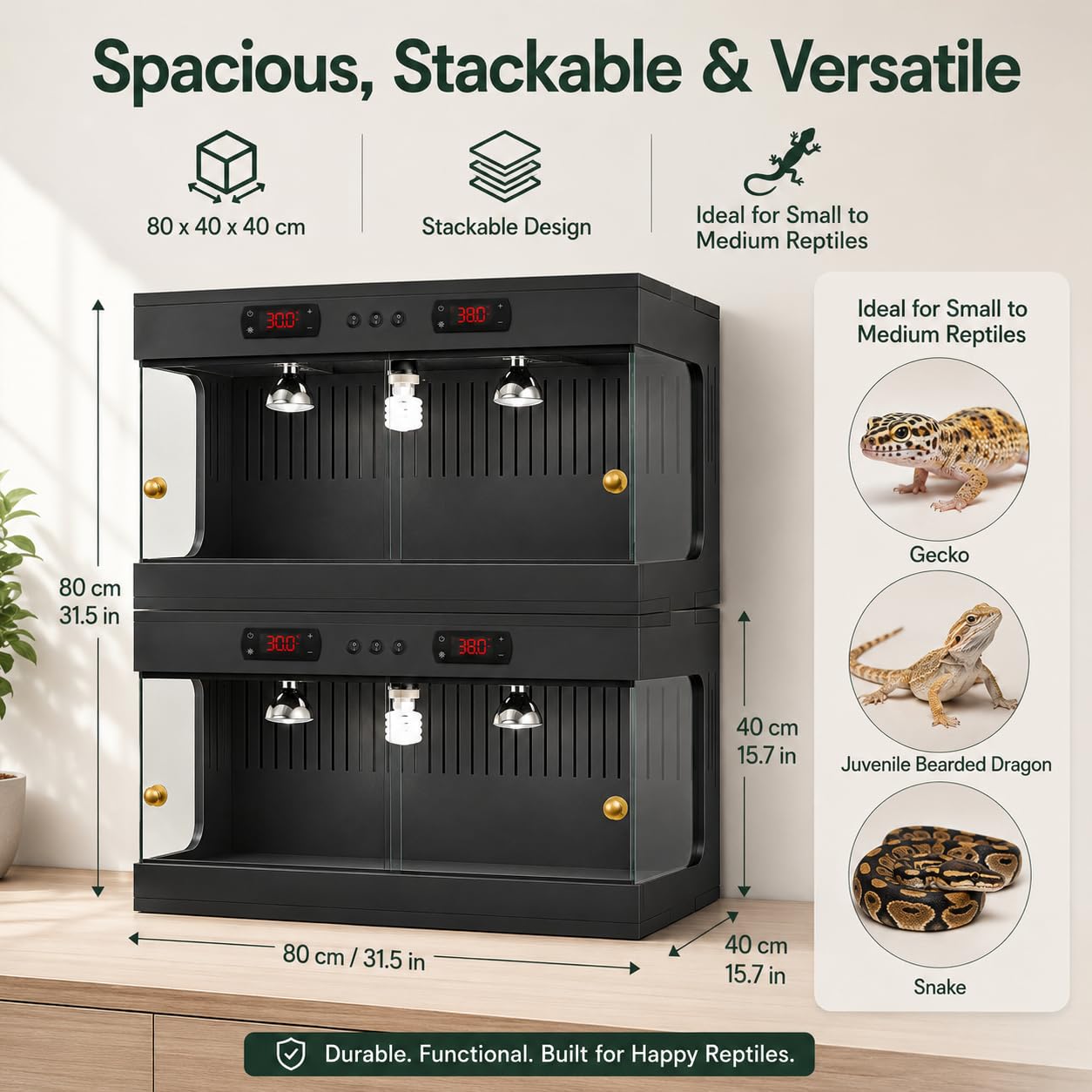 Terrario per rettili, 80 x 40 x 40 cm, con doppio termostato e portalampada in ceramica, ventilazione su 3 lati, recinzione impilabile in vetro per rettili per draghi barbuti, serpenti, rane