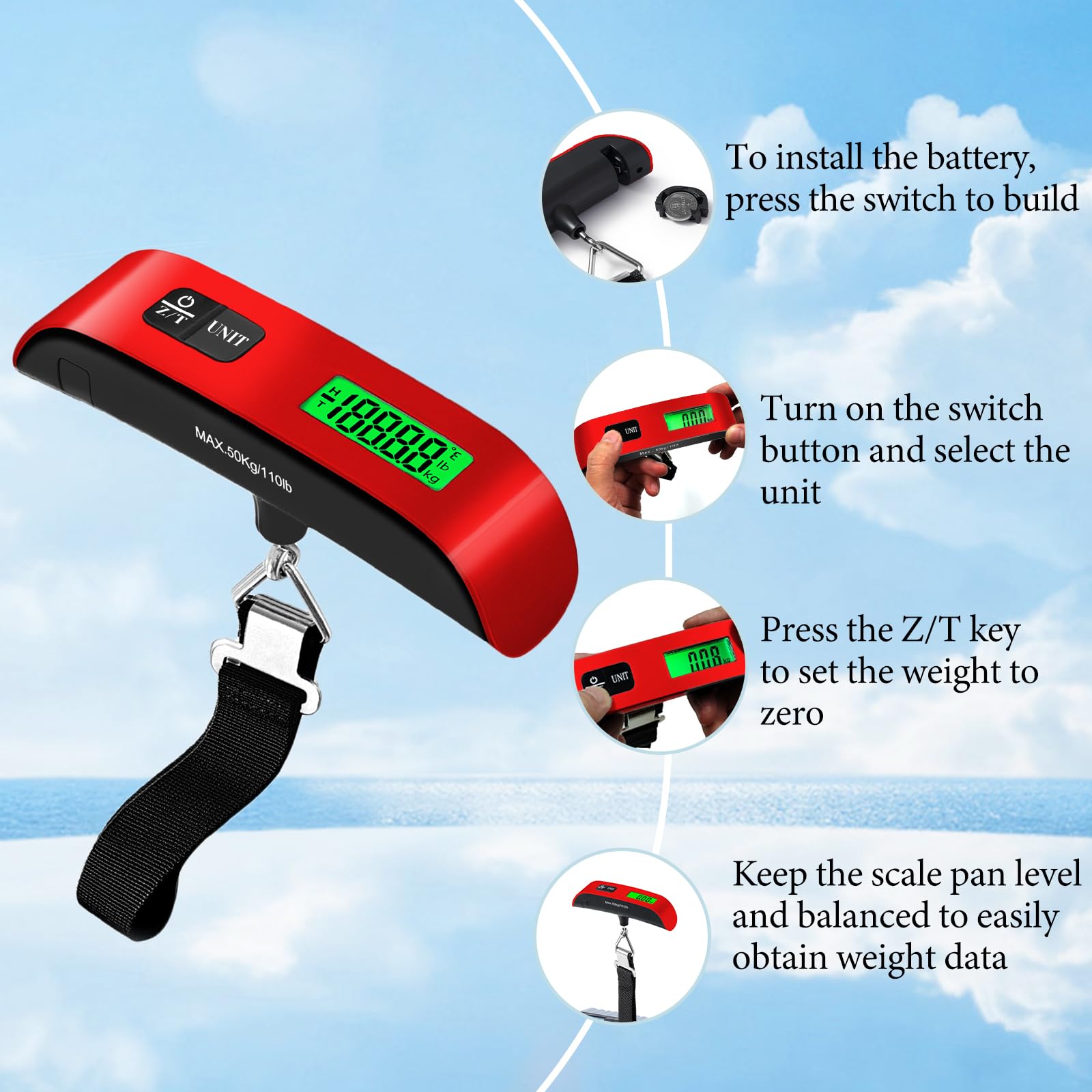 Pèse-bagages portable de 50 kg avec écran LED, balance numérique de voyage pour bagages, sacs à dos, fruits et animaux domestiques (rouge)