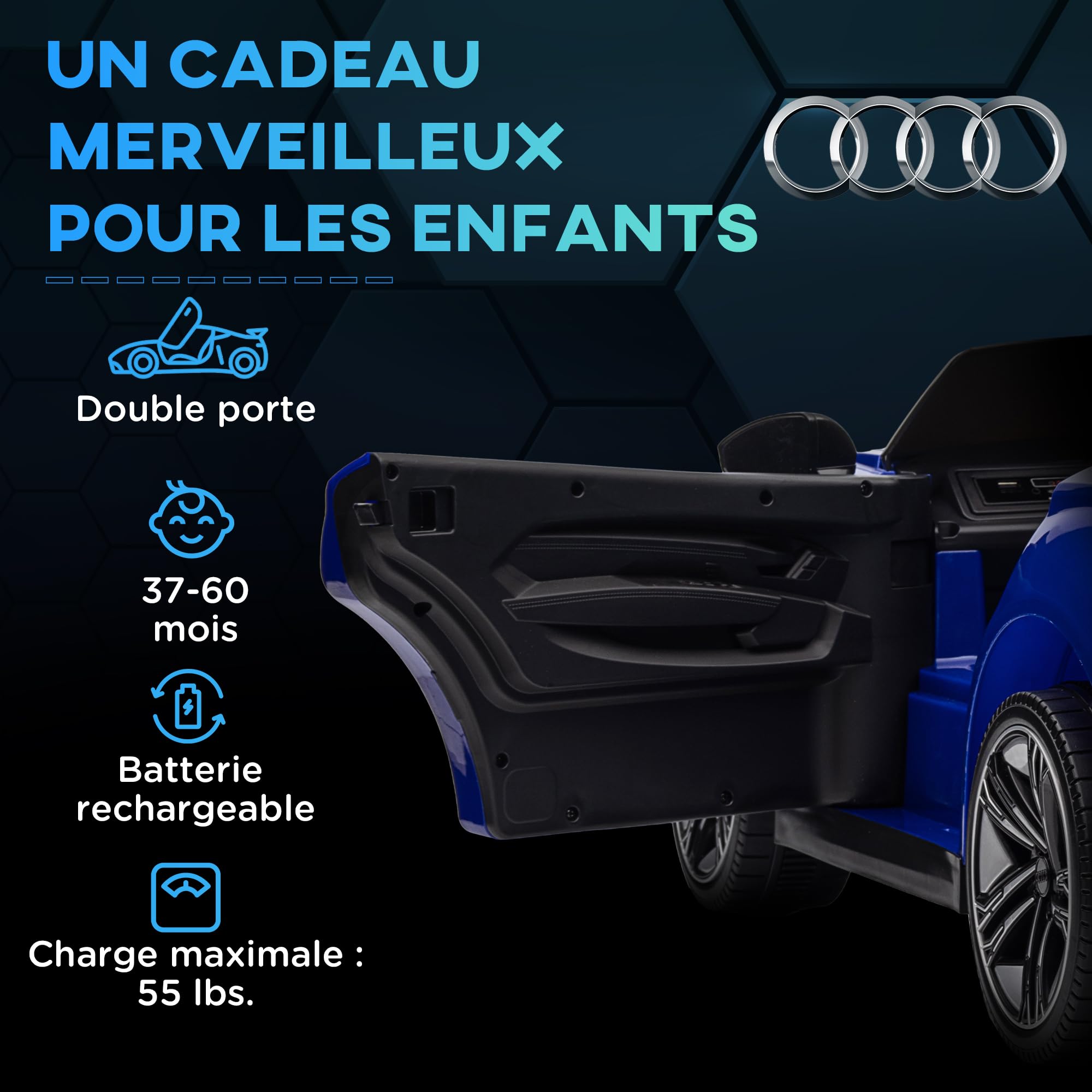 HOMCOM Voiture électrique Enfant 12 V - véhicule électrique avec télécommande parentale fournie - V. Max. 5 Km/h - Effets sonores, Lumineux - Audi RS E-tron GT Bleu foncé