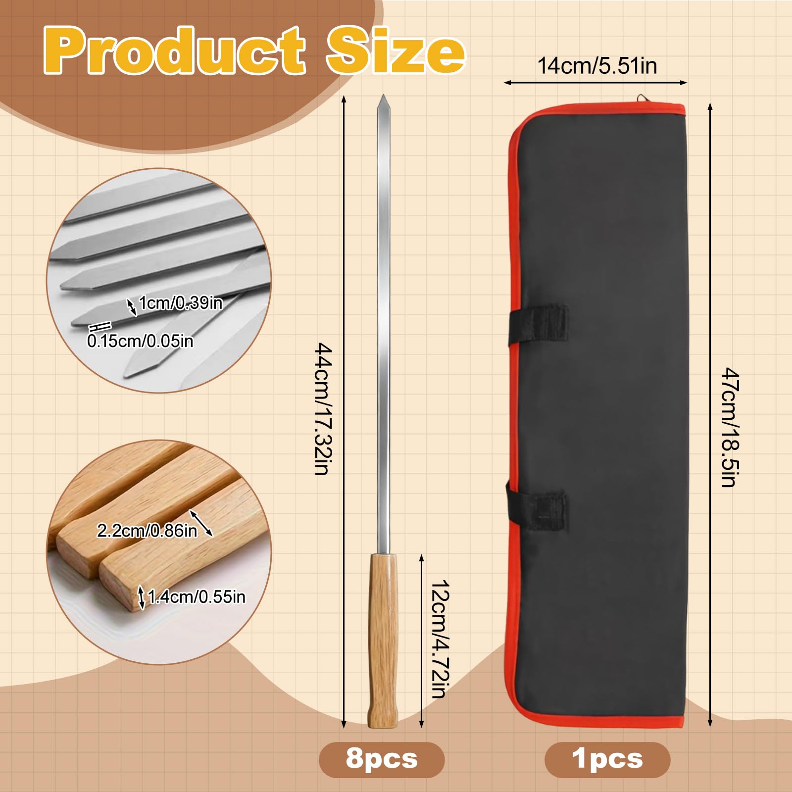 Brochettes barbecue acier inoxydable 410 44cm réutilisables manche chêne 8 pièces