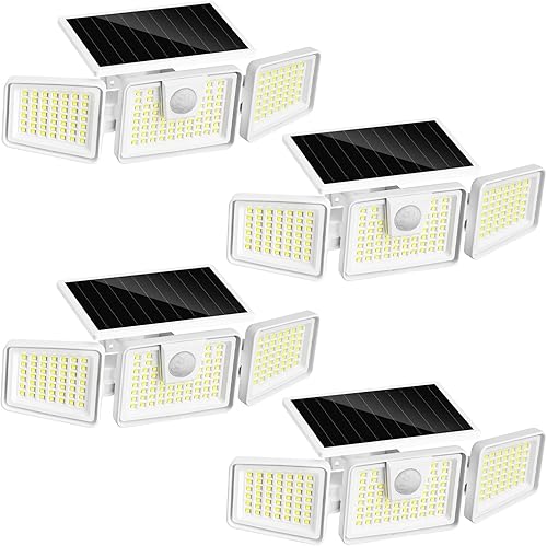 INCX Luces solares para exteriores con sensor de movimiento, luces de seguridad de 3 cabezales alimentadas por energía solar, 156 luces LED de