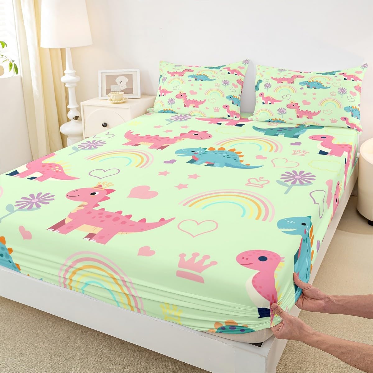 Castle Fairy Kawaii Dino Bed Sheet Set King Size,Cute Rainbow Floral Love Heart Deep Pocket Fitted Sheet,1 Flat,2 Pillowcases,Pink Green Dinosaur Lovely Animal Bed Mattress Cover,Bedroom Decor