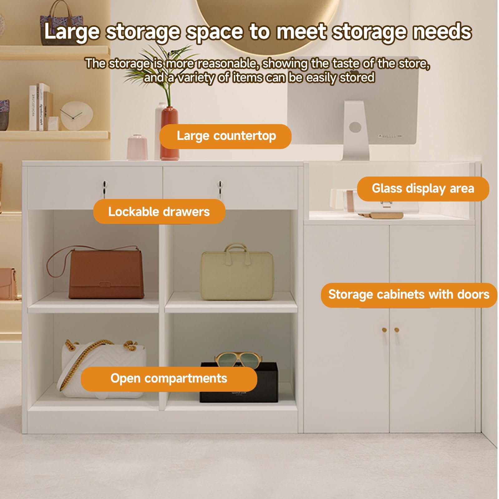 Moderno mostrador de recepción de roble transparente para hoteles, tiendas y oficinas, 100 cm, diseño lateral izquierdo, muebles elegantes al por menor