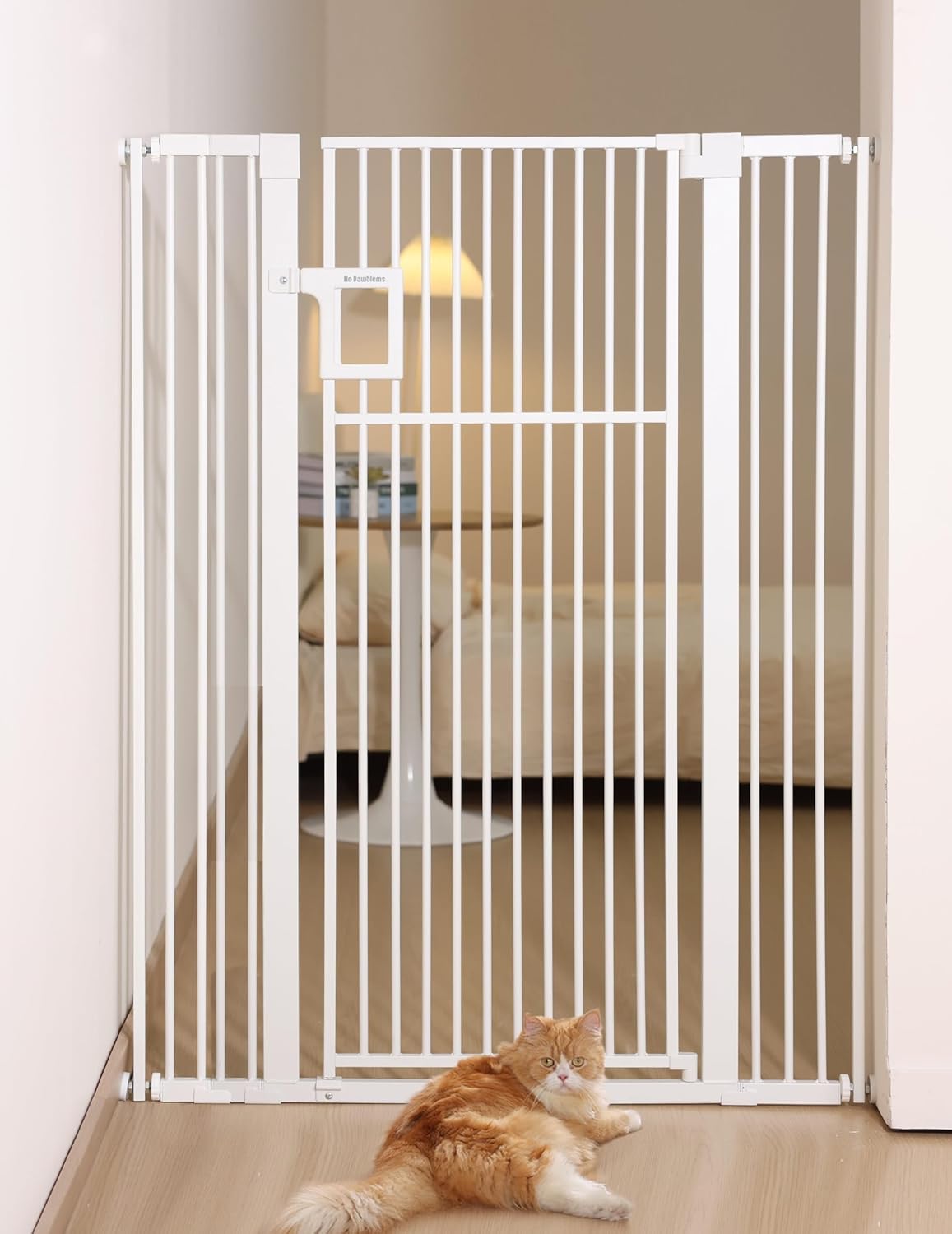 No Pawblems Upgraded 55" Extra Tall Pet Gate for Cat, 29-43" Auto Close Cat Gate for Doorways/Stairs/Hallways, NO Drilling Pressure Mounted Tall Dog Gate Indoor, 1.37" Pet-Safe Gap, White White-gate 55" Tall, 29-43" Wide