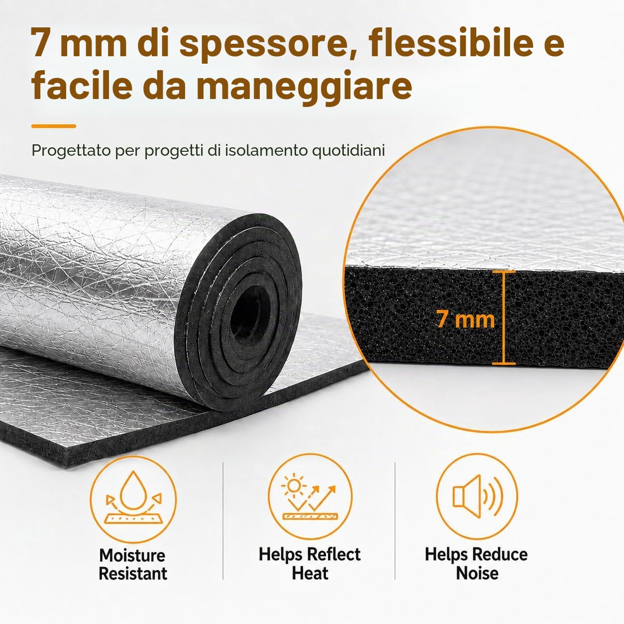 Pannello Isolante Autoadesivo in Alluminio e Gomma, 7 mm, per Loft, Pavimento, Parete, 32 cm x 10 m