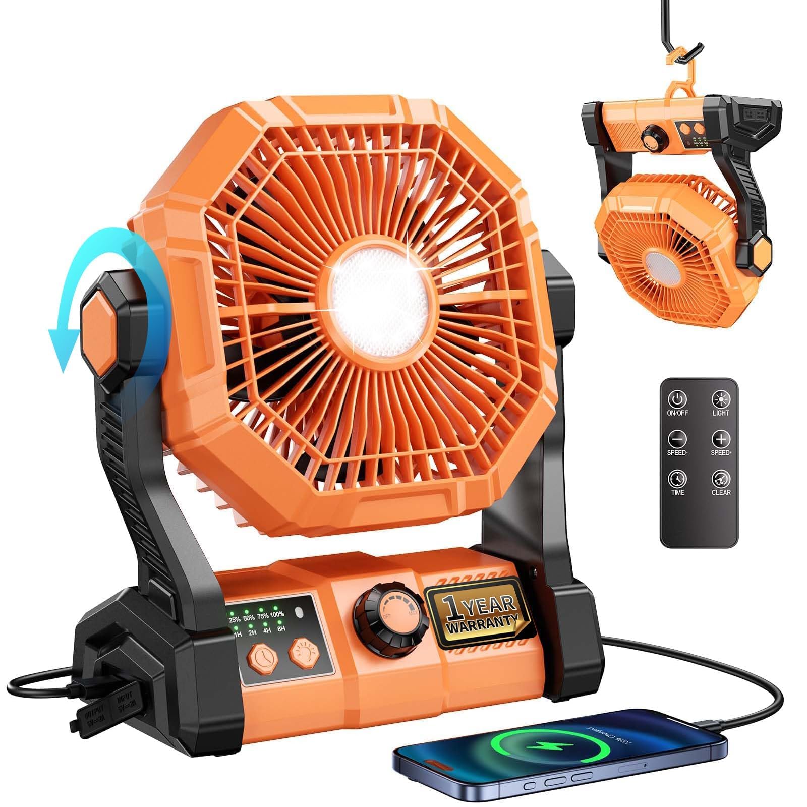 coldSky Rechargeable Portable Fan for Home with LED Light & Remote Control, Battery Table Fan Big Size with 8 High Speeds Wind, Kitchen Fans for Cooking-image-42