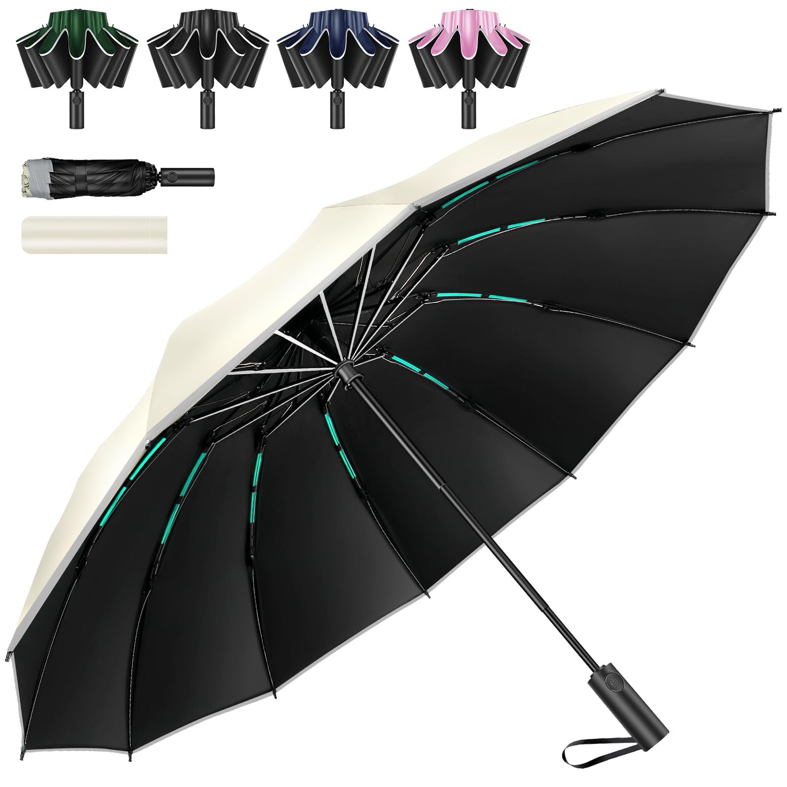 VARNIC 折りたたみ傘 【頑丈な12本骨 逆折り式】 ワンタッチで自動開閉 折り畳み傘 大きいサイズ 耐風撥水 丈夫耐久 豪雨対応 梅雨/台風対策 UVカット 遮光遮熱 日傘 晴雨兼用 反射テープ 収納ポーチ付き おりたたみ傘 男子日傘 UPF50+ 男女兼用