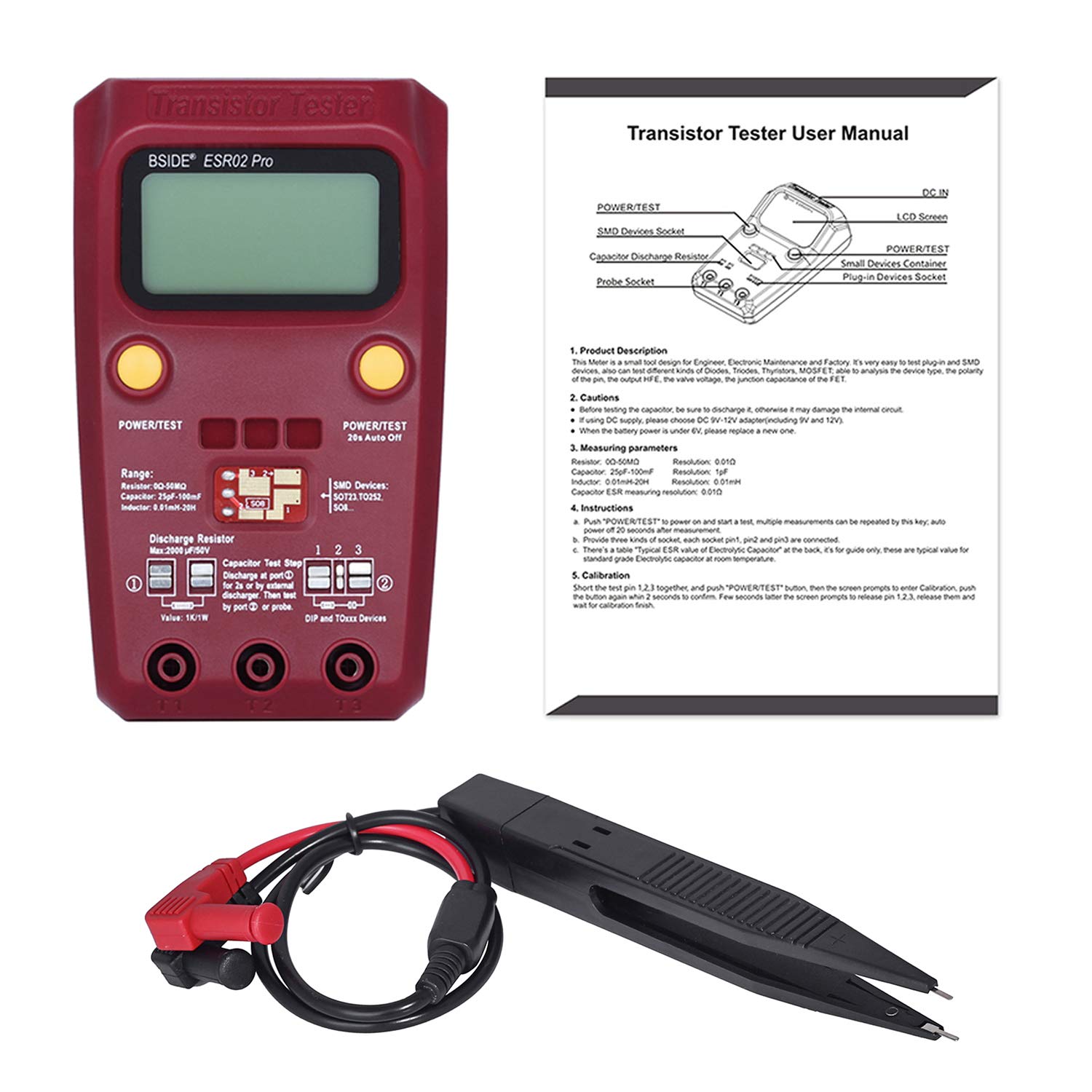Bside Testeur de transistor ESR02 Pro SMD Composants Vérificateur Mega328 NPN/PNP Diode Résistance Inducteur Capacitance ESR Compteur avec pince