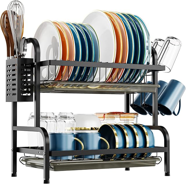 iSPECLE Dish Drying Rack, 2 Tier Dish Rack with Cup Holder, Dish Drainer with Drainboard and Utensil Holder Large Capacity for Kitchen Countertop Saving Space (Black)