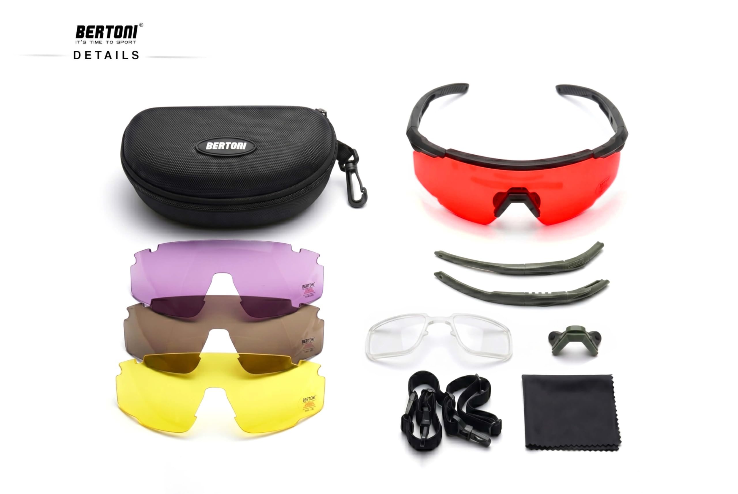 Bertoni Lunettes de Tir Sportif avec 4 Verres Interchangeables de Protection Balistique avec Clip pour Verres Correcteurs – Mod. SH890N SOS