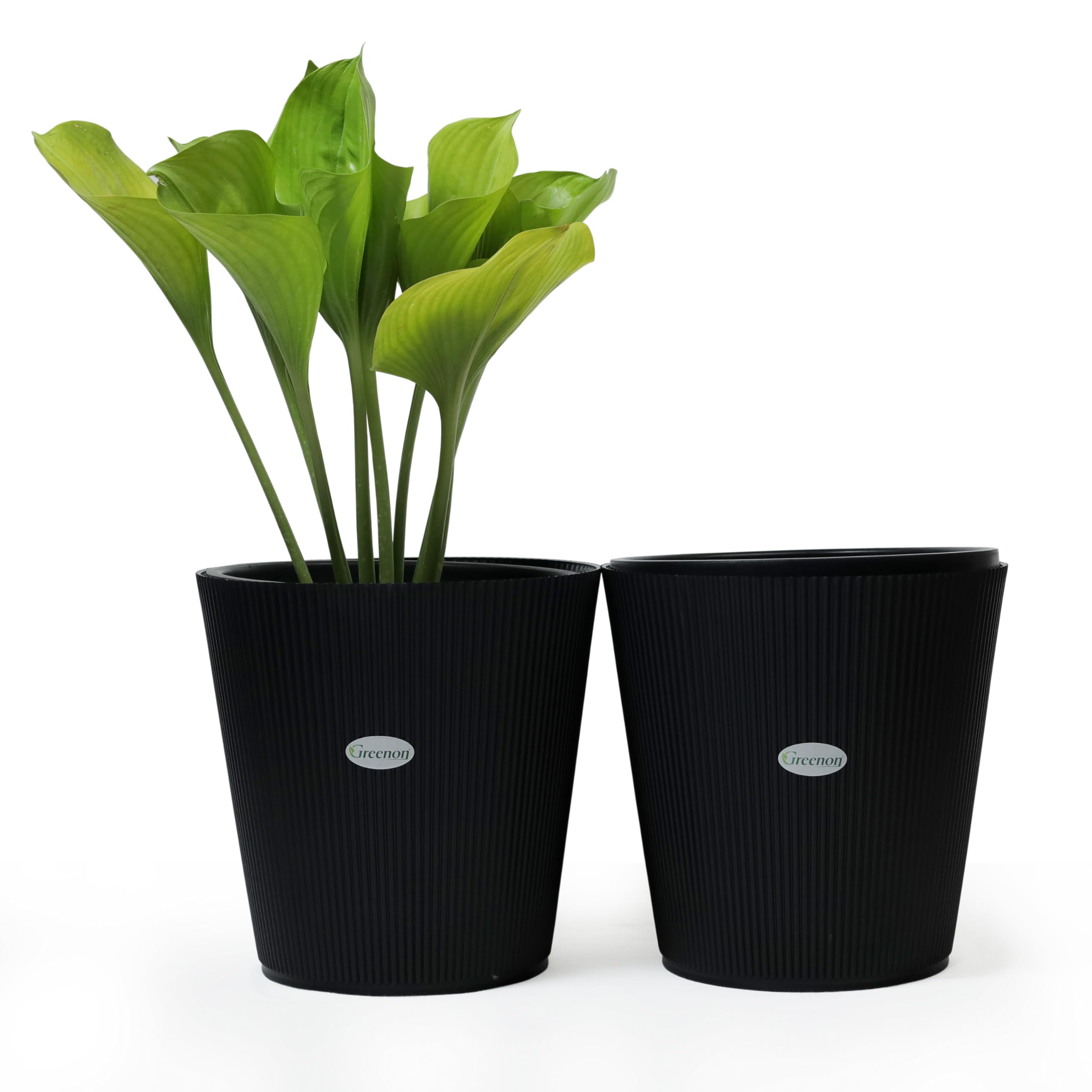 GREENON® 10 Inch Plant Pot Set of 2 (4 Pots) Self Water | Black Outer and Black Inner Plant Container | UnFadable Planter | Virgin Plastic Gamla | Best for Indoor and Balcony