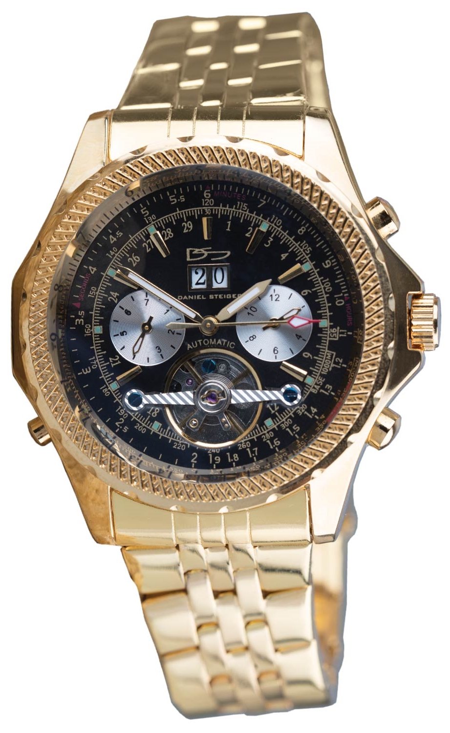 Enduro Automatic Men's Watch - Black Dial - Gold Plated Stainless Steel Case - Day, Date & Month Calendar - Skeleton Case Back