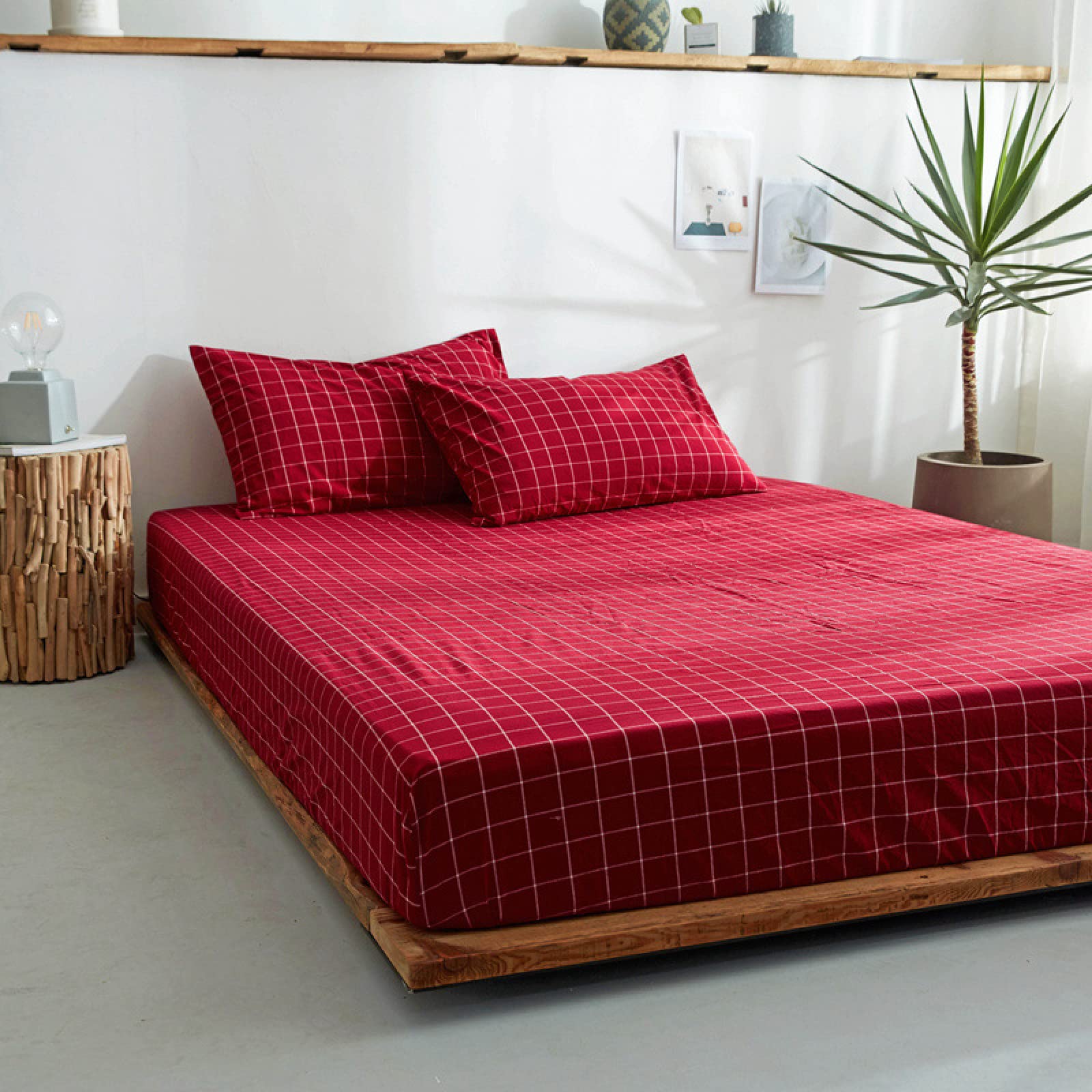 Matratze mit Gummiband, einfarbig, gewaschene Baumwolle, tiefe Taschen-Bettwäsche, kariert, Matratzenauflage für Schlafzimmer, Gästezimmer, kariert, rot, 150 x 190 cm + 25 cm