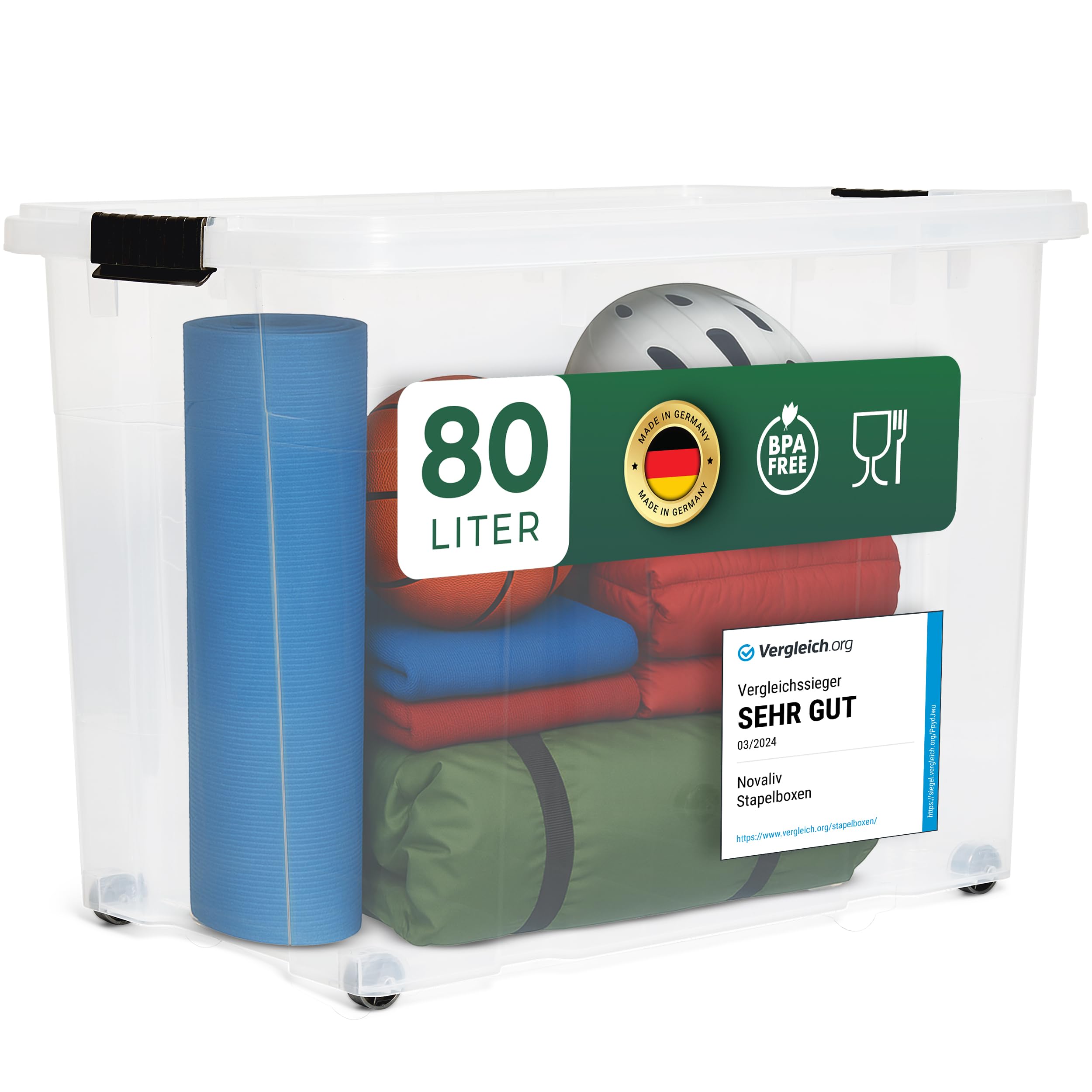 Novaliv Scatola portaoggetti XXL con coperchio, grande, 80 l, trasparente, impilabile, in plastica, con chiusura a clip, senza BPA, 61 x 40 x 45 cm