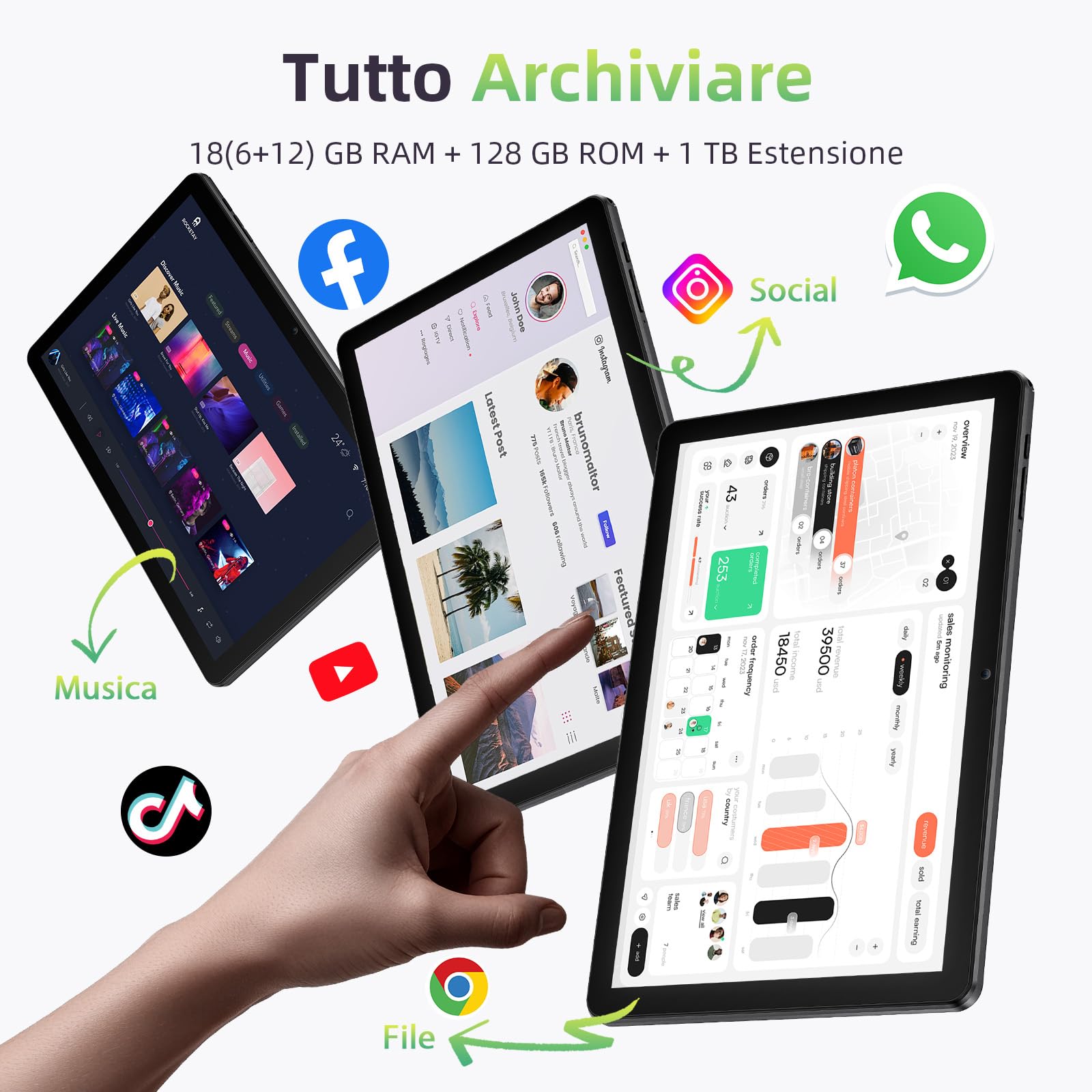Tablet 10 Pollici, Tablet Android 15 con Cover, Unisoc T30 Quad-Core, 18 GB RAM + 128 GB ROM + 1 TB TF, Display HD IPS 1280x800, Fotocamera Doppia 5MP + 8MP, 6000 mAh, WiFi 6, BT 5.0, GPS (K70)