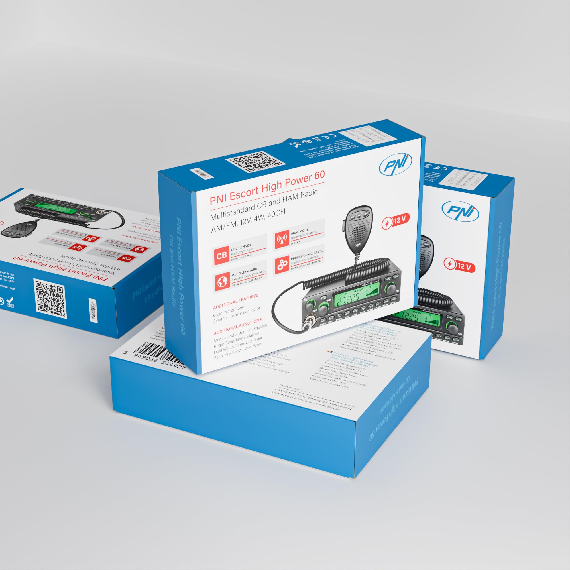 Stazione radio CB PNI Escort ad alta potenza 60 multistandard, 60 W FM/AM, 12 V, ASQ, guadagno RF