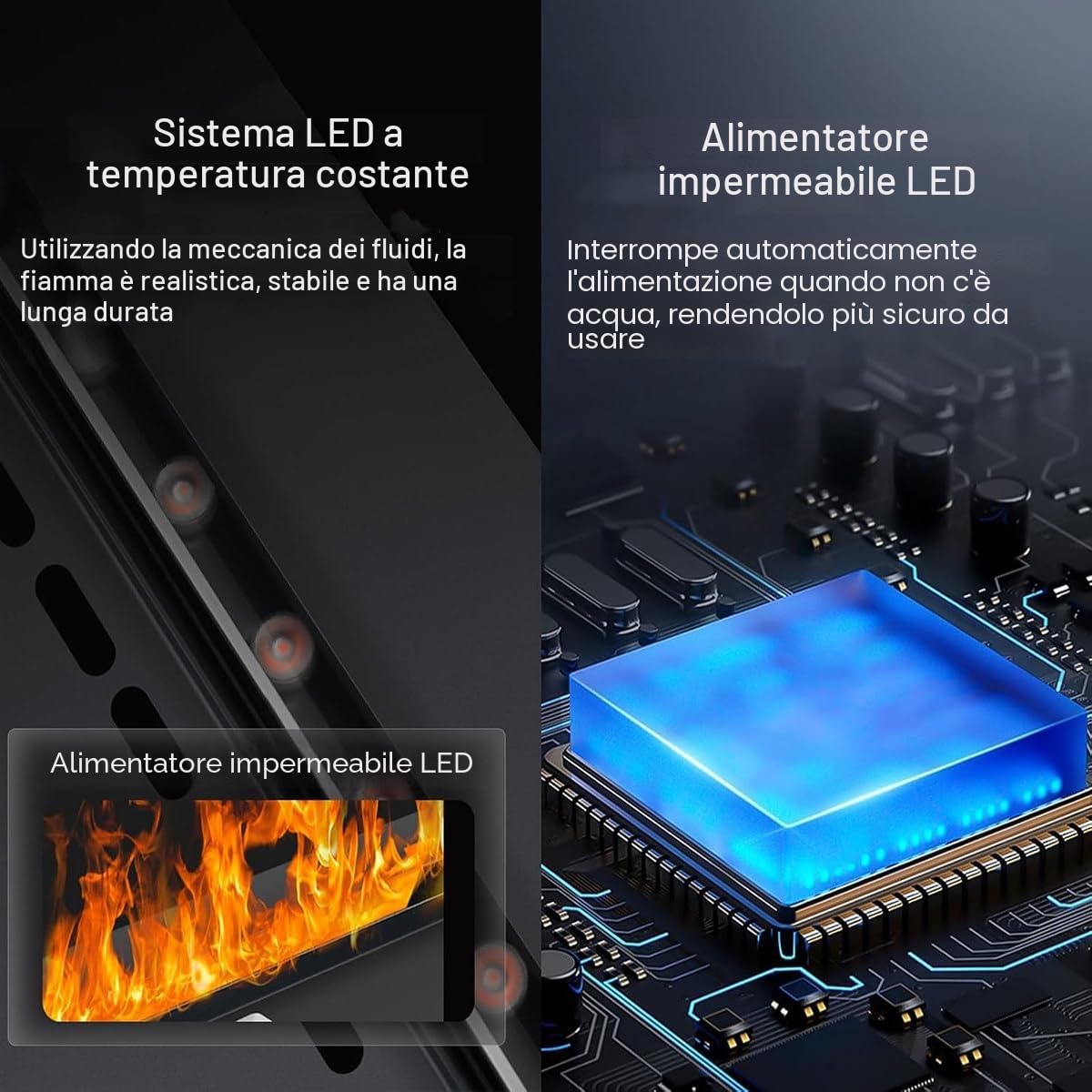 Camino a vapore acqueo 3D atomizzato con 7 colori fiamma regolabili e 5 livelli di luminosità, acciaio inox spazzolato, touch/telecomando, 80 cm