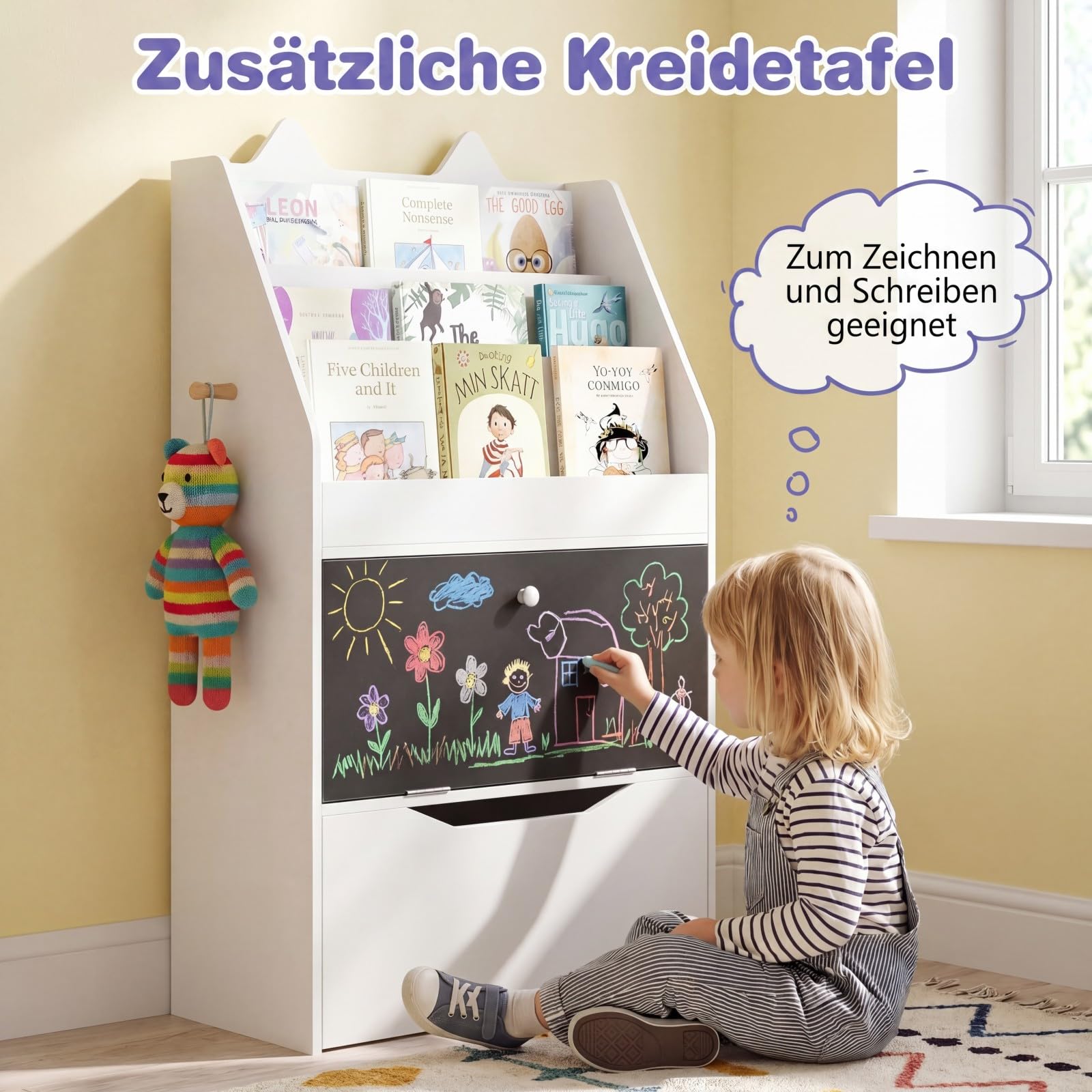 COSTWAY Regał na książki dla dzieci z tablicą do pisania kredą i szufladą na kółkach | Regał dziecięcy w kształcie kota, regał na zabawki z 3 półkami, szafką i 2 haczykami, regał na książki dla dzieci od 3 lat