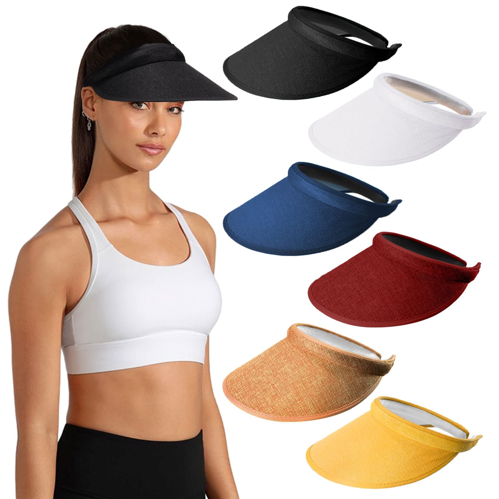 MAKINGTEC6-Pack Women's Visor Hats, Adjustable Twill Summer UV Protection, Solid Color Clip-On Visor for Sports Tennis Beach Pool
