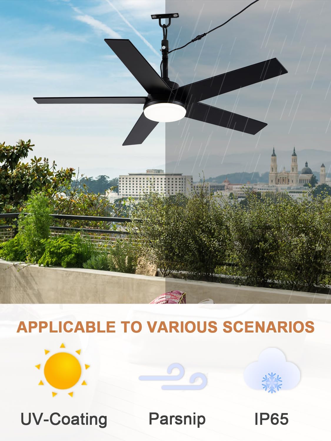 Bella Depot 48" Outdoor Ceiling Fan Black Waterproof Gazebo Fan with Light Smart App Remote Control Hanging Fan for Outside Patios Pergola Tent Plug-in Design Adjustable Brightness (48"- Black)