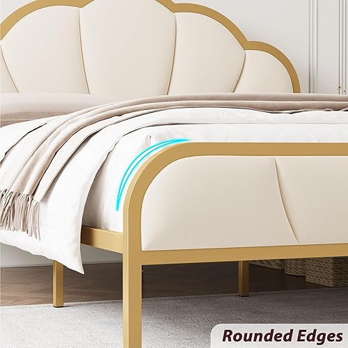 Miniatura 7 de Base de cama tamaño Queen, base de cama tapizada con cabecera de pétalos de terciopelo, estribo, listones de madera fuertes, no necesita somier,