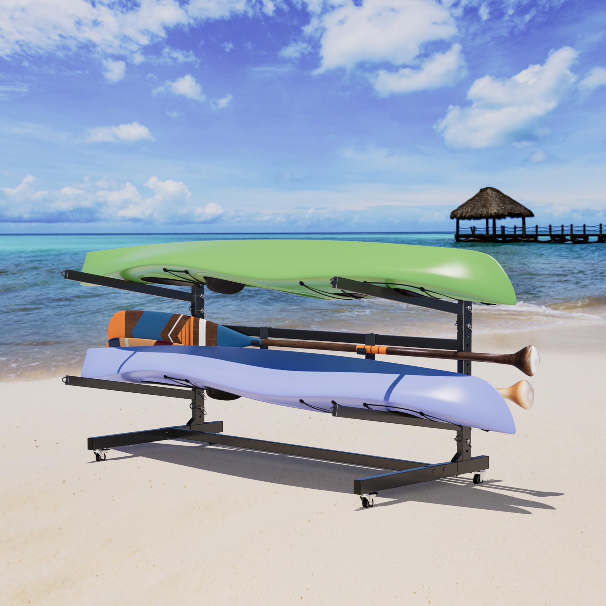 Kayak Storage Rack, Widen & Lengthen Freestanding Kayak Stand with Wheels, Heavy Duty Kayak Holder, Adjustable Canoes and Surfboards Bracket for Outdoor Indoor Storage, Assembly Required