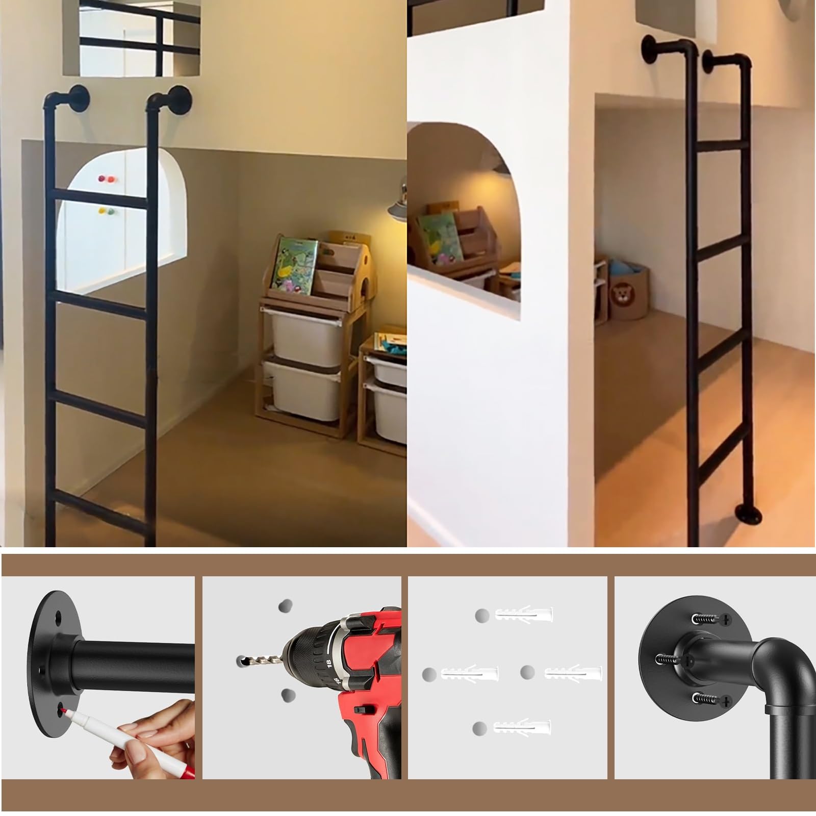 Wandmontierte Metall Dachbodenleiter,Sicherheitsersatz Für Klettern Im Innen- Und Außenbereich,Notausstiegsleiter Für Fensterschächte,150 Kg Tragkraft(Black,1.8m/6ft)