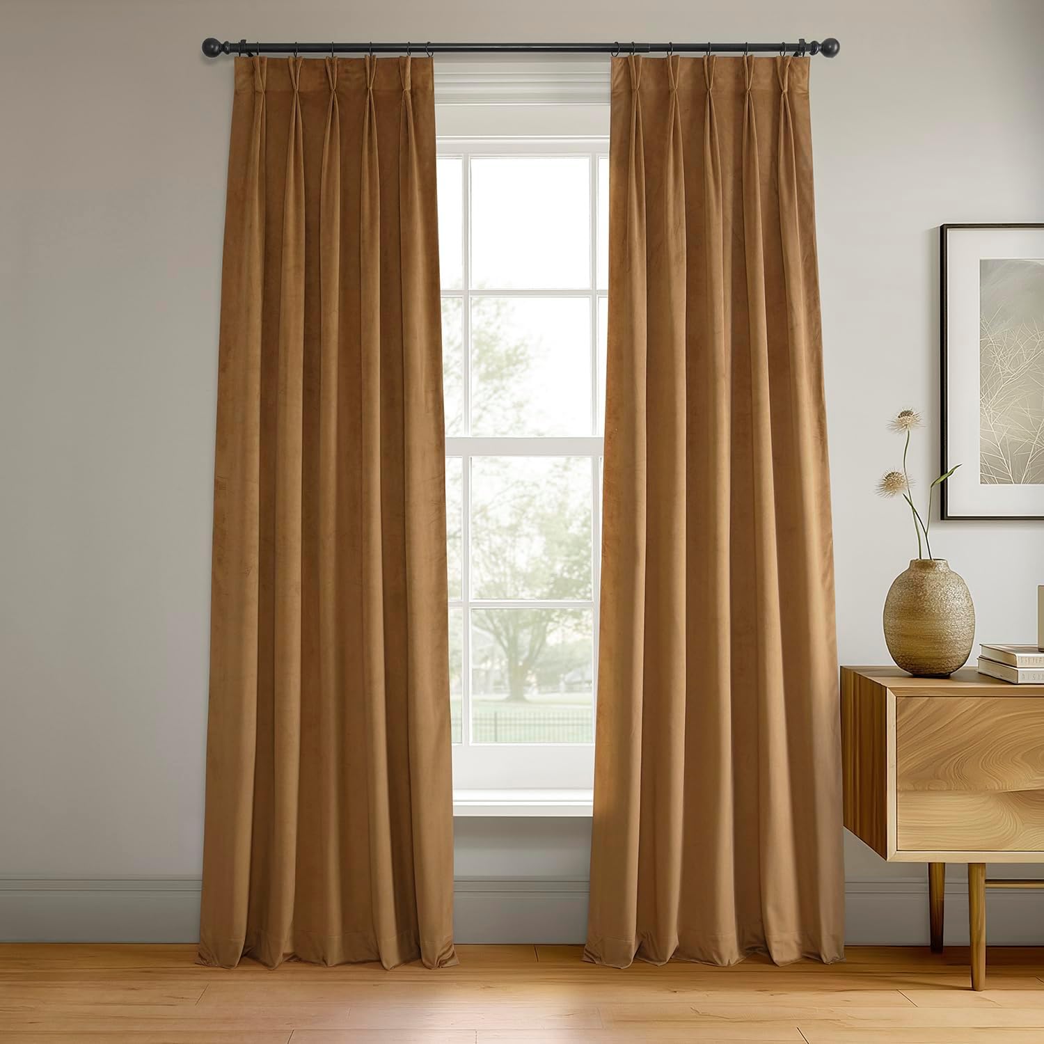 HPD Half Price Drapes Velvet Blackout Curtains/Drapes - 96 Inches Long 1 Panel Blackout Curtain Signature Pleated for Living Room & Bedroom - 25W X 96L, Amber Gold