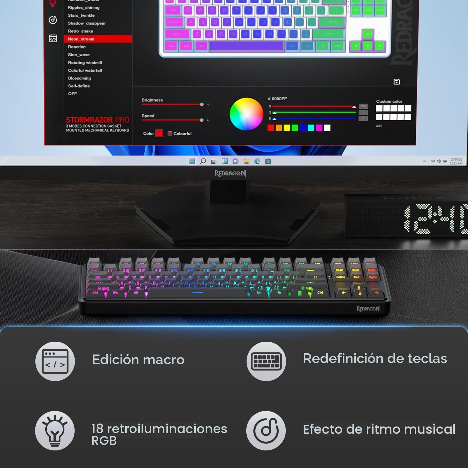 Redragon K707 Pro GB Teclado Gaming RGB Gasket 80% TKL Metal Inalámbrico | 3 Modos Hot Swap LEDs Hacia Abajo Teclas PBT Gradiente 5 Capas Amortiguación Interruptor Lineal US Layout