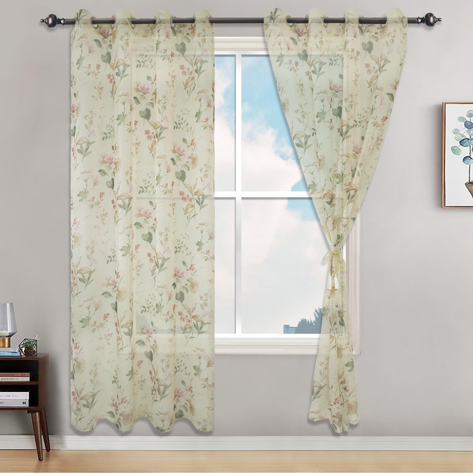 Hiseng Voile Curtains 54/63/84/96 Drop Pair, Camellia Print Sheer Voile Curtain Elegant Eyelets Curtains Transparent Window Drapes for Living Room Balcony Bedroom, 2 Panels (63" Drop (183cm),Green)