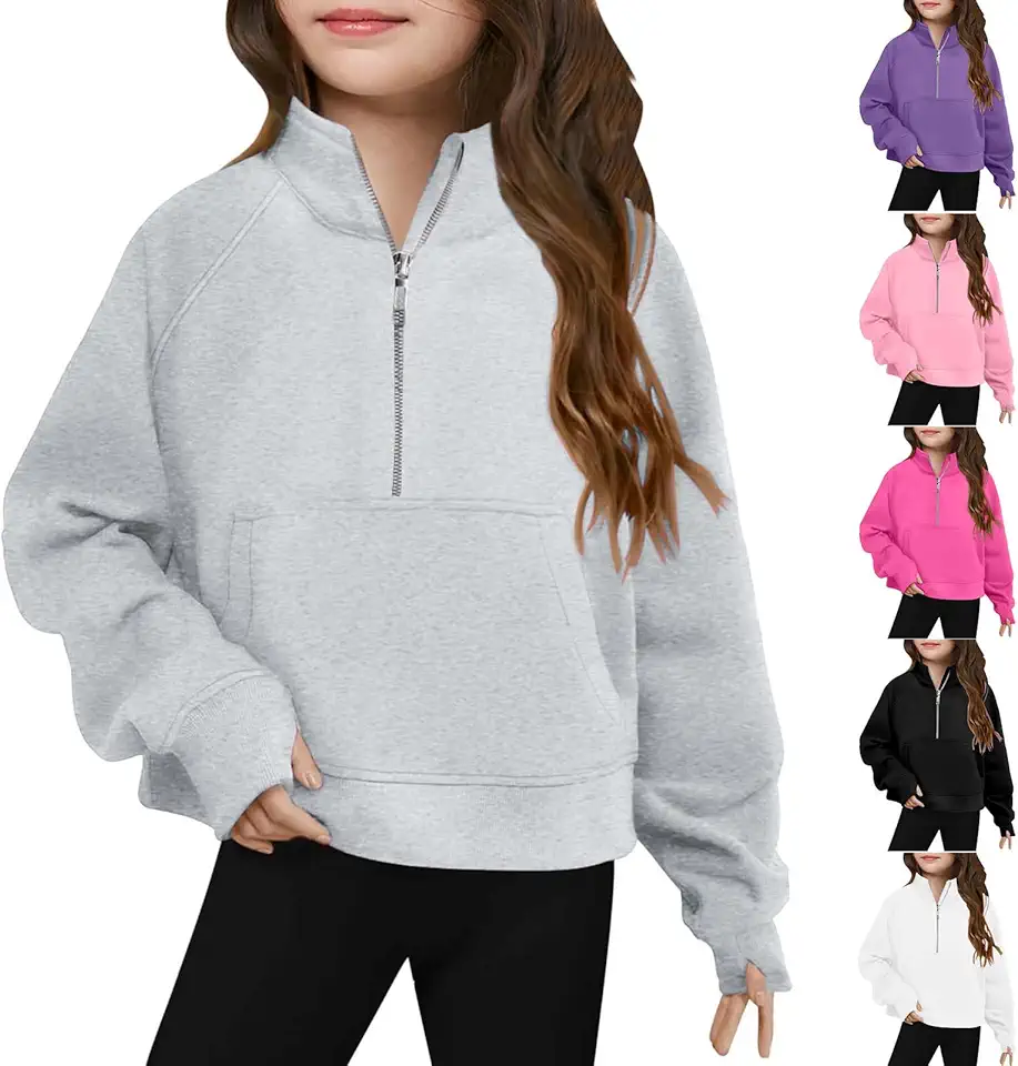LRMQS Girls Half Zipper Sweatshirts Cute Trendy Fall Pullover Crop Tops for Teen Girls Long Sleeve Sweater Clothes Thumb Hole