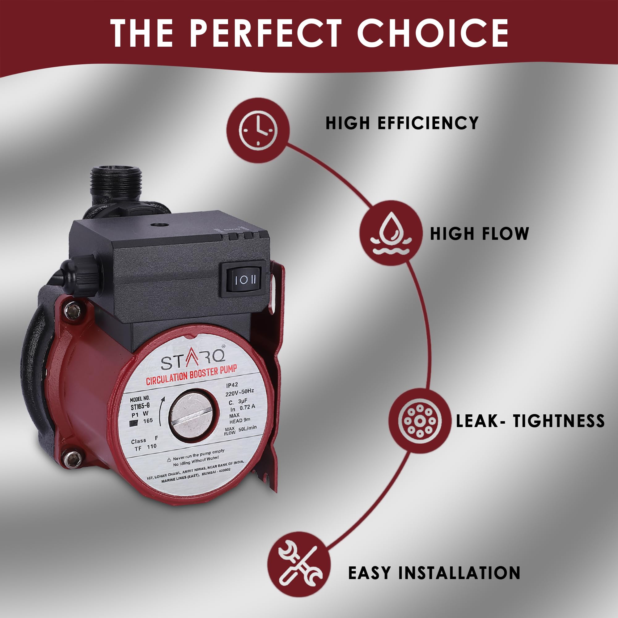 STARQ ST165-9 Inline Automatic Water Pressure Pump With Wall Mounting Bracket Suitable for Hot Water Circulation, Washing Machine, RO & Shower (RED) 2