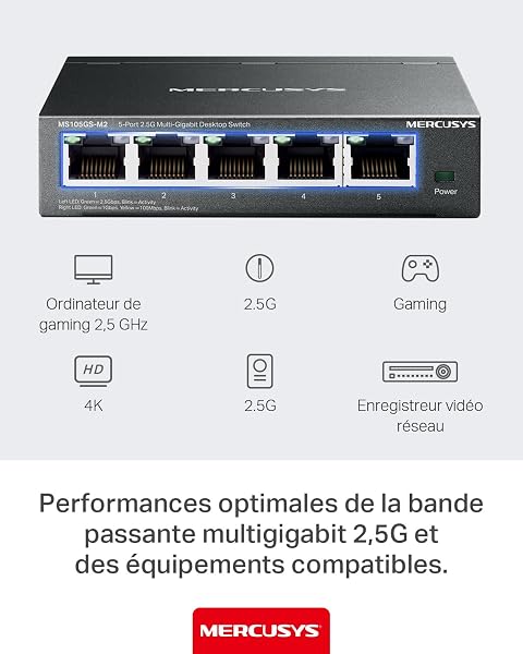 Mercusys MS105GS-M2 Switch 2.5 Gigabit 5 Ports 2.5Gbps, Ethernet, RJ45, Metal Case, Plug and Play, 2.5G NAS, 2.5G Server, Gaming Computer, 4K Video - 4