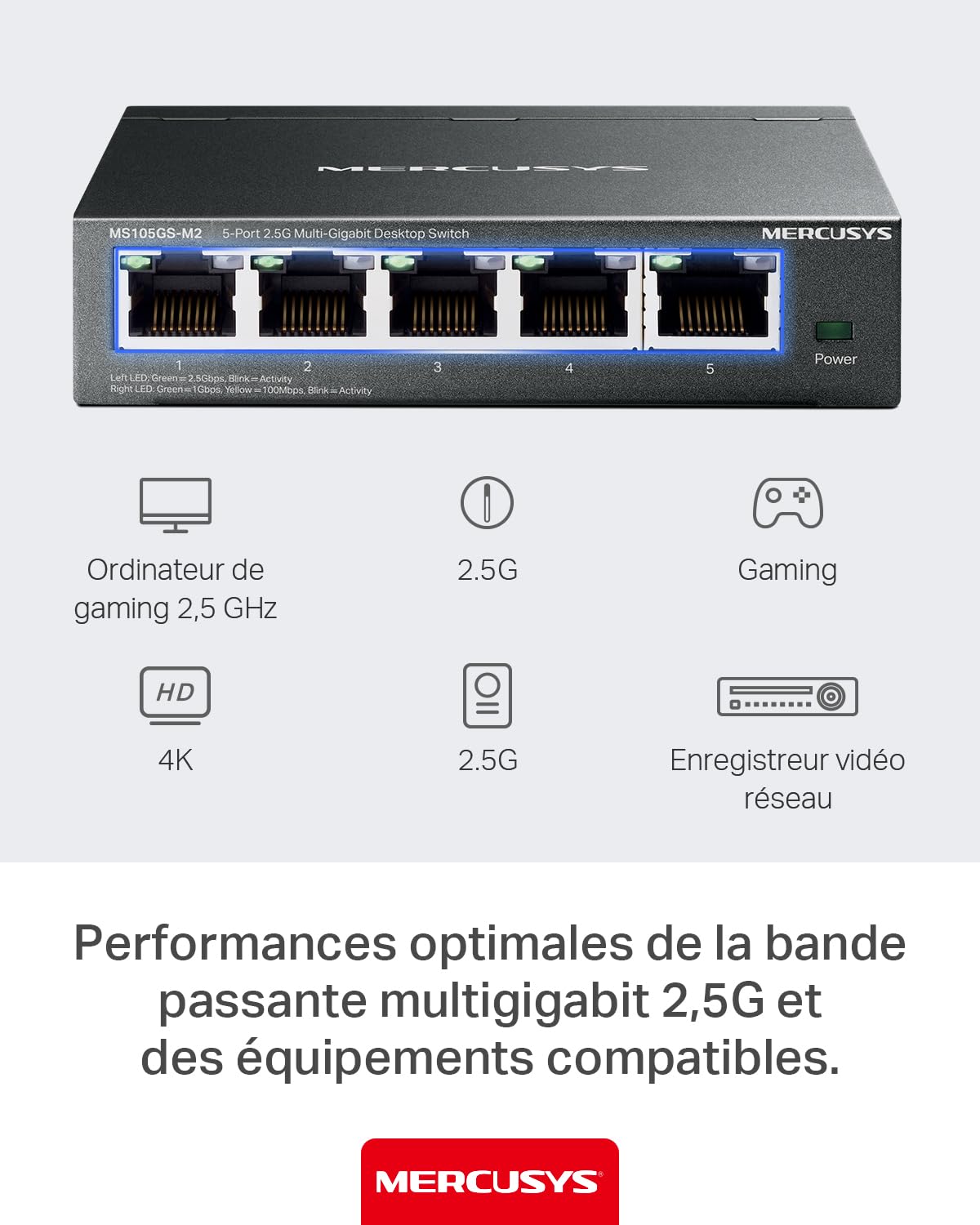 Mercusys MS105GS-M2 Switch 2.5 Gigabit 5 Ports 2.5Gbps, Ethernet, RJ45, Metal Case, Plug and Play, 2.5G NAS, 2.5G Server, Gaming Computer, 4K Video