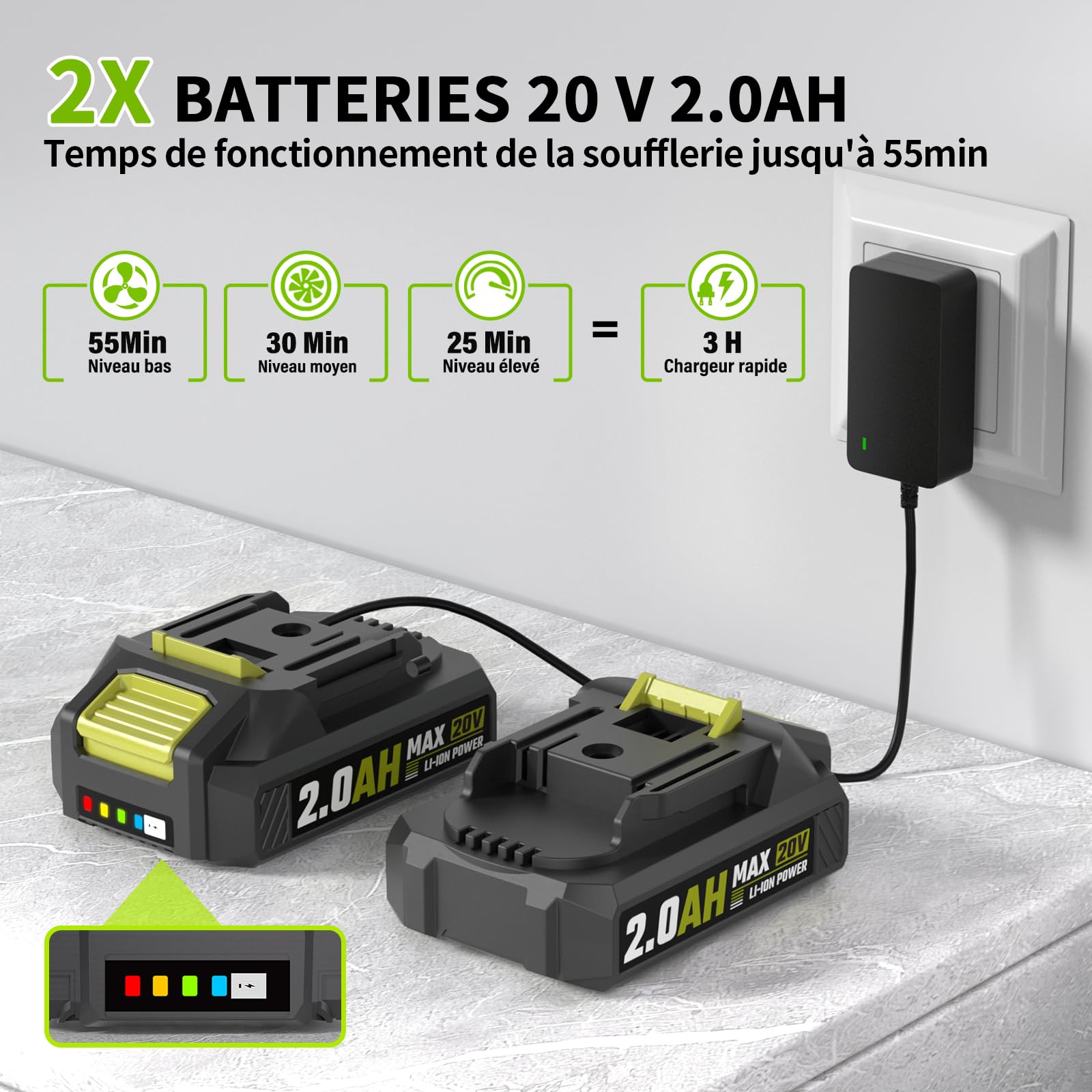 Souffleur de Feuilles，Souffleur de Feuilles sans Fil avec Batterie 2×2,0 Ah et Chargeur，3 Vitesse Max 360m³/h，Portable 1,4kg，pour Cour, Pelouse, Jardin