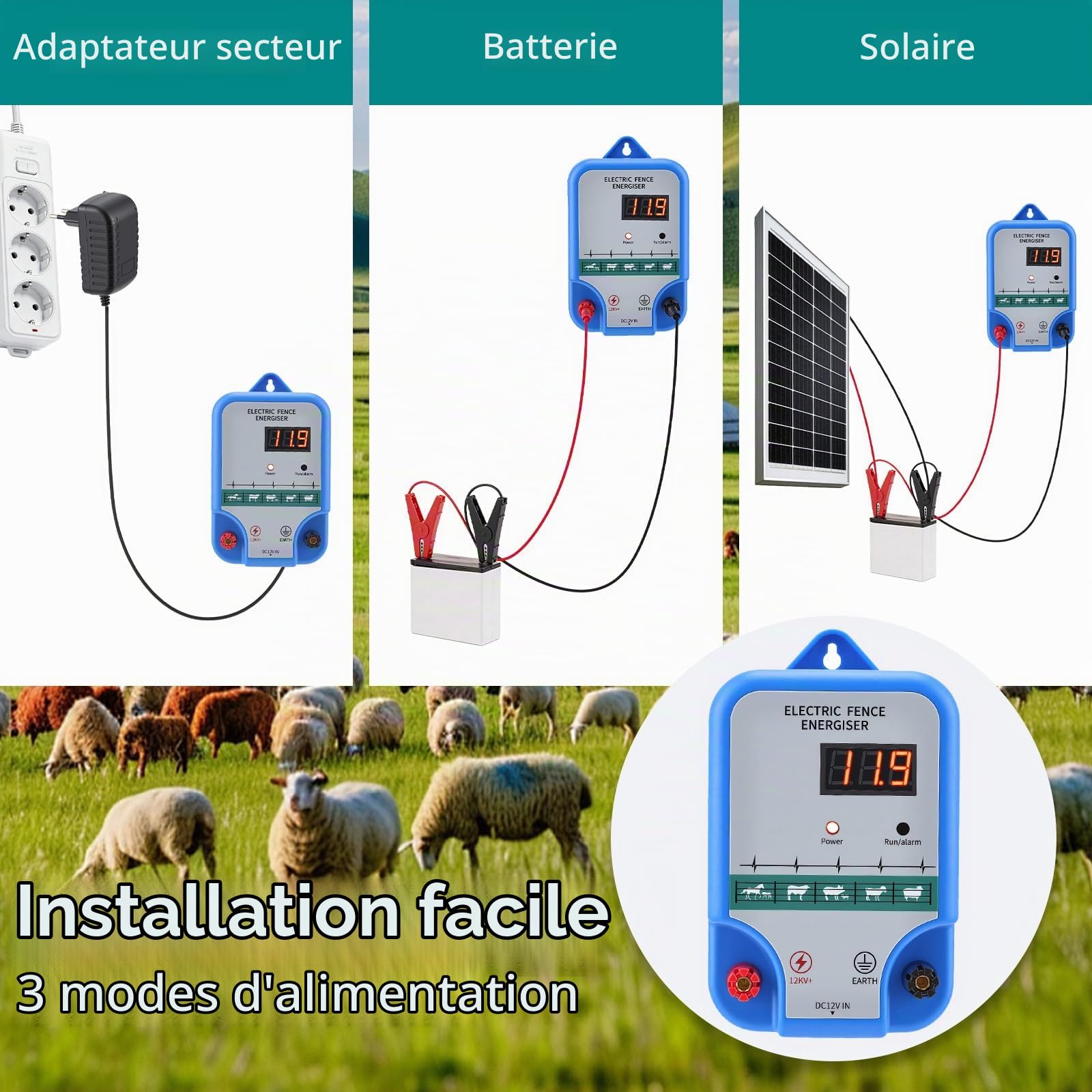 15km ClôTure éLectrique, 12V 2.0J Cloture Electrique Pour Animaux avec affichage LED, 12KV Dispositif de clôture électrique pour Chevaux Bovins Vache Moutons Volaille Ferme Jardin Pâturages