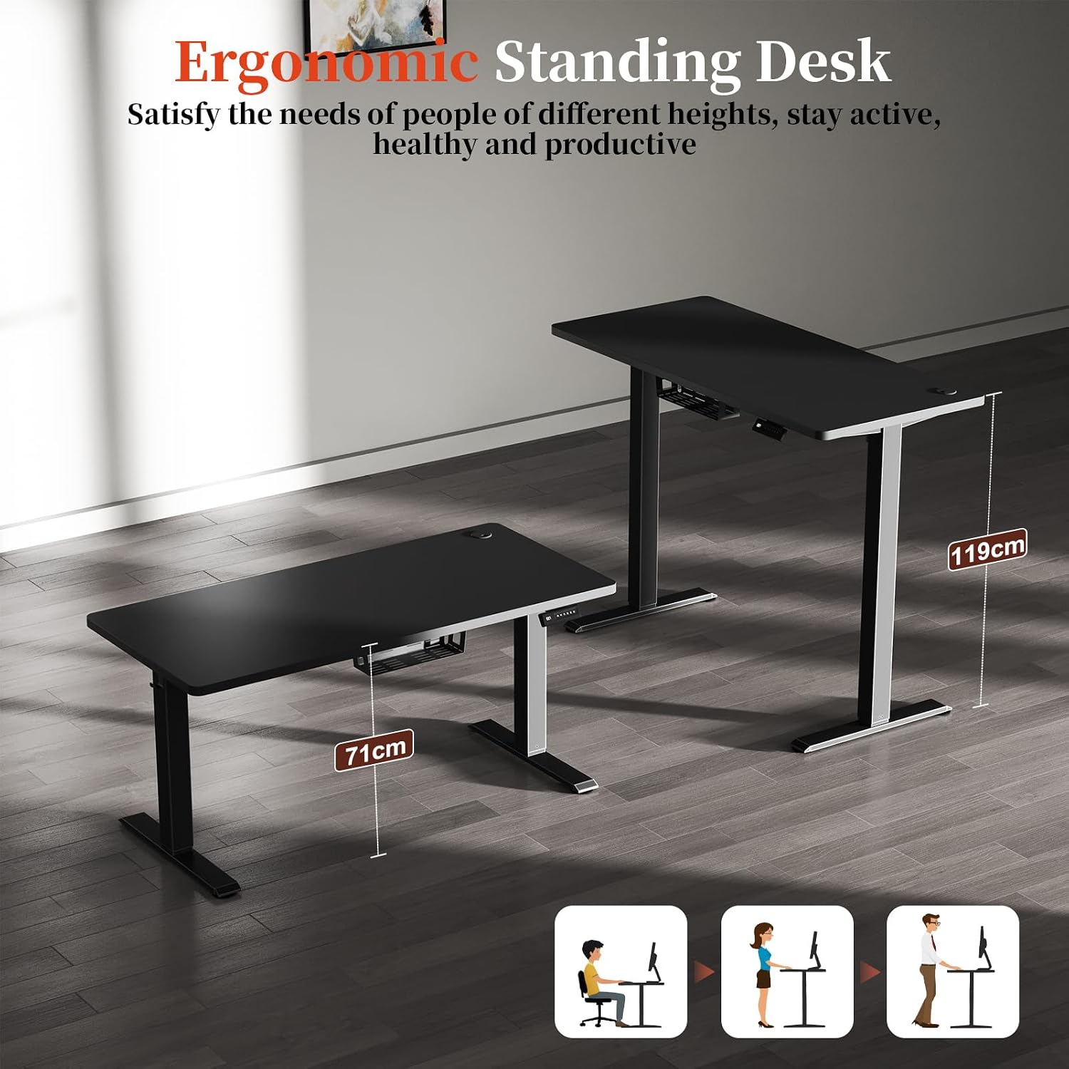 Two TRIUMPHKEY desks at different heights, illustrating the adjustable range from 71cm to 119cm