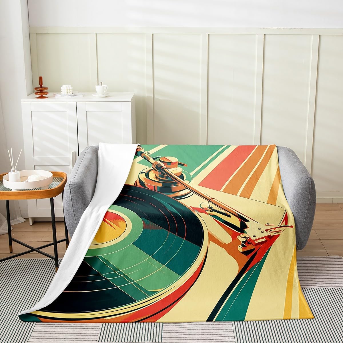 jejeloiu 83s Retro Vinyl Record Fuzzy Blanket Throw 50"x60" Music Notes Flannel Fleece Throw Blanket Music Player Vintage Music Bed Blanket Green Yellow Plush Blanket Flannel Fleece Throw Blanket