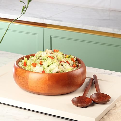 Miniatura 6 de Ensaladera de madera extra grande con 2 servidores, 12 x 4 pulgadas, capacidad de 4.5 cuartos de galón, cuenco para servir ensalada seguro para