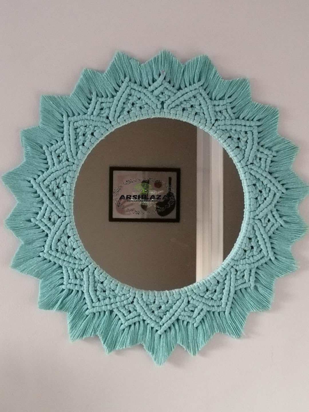 Macrame Wall Hanging Mirror, Round, Sky Blue, Cotton Frame, 45.72 cm Diameter, Boho Style, with Fringe, for Living Room, Bedroom-image-5
