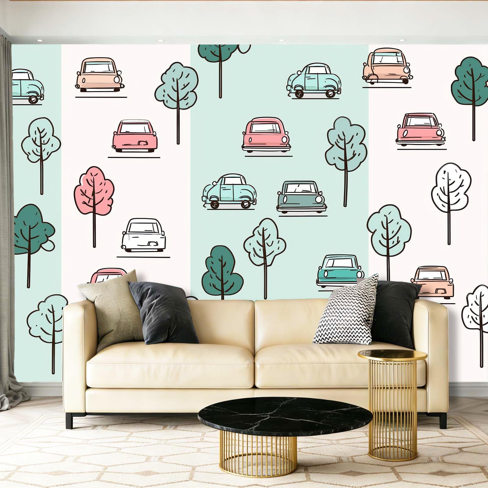 Fototapeta 300 x 210 cm ściany dekoracja salonu projekt kreskówka linie samochody drzewo do sypialni salon tapeta z włókniny, zielony